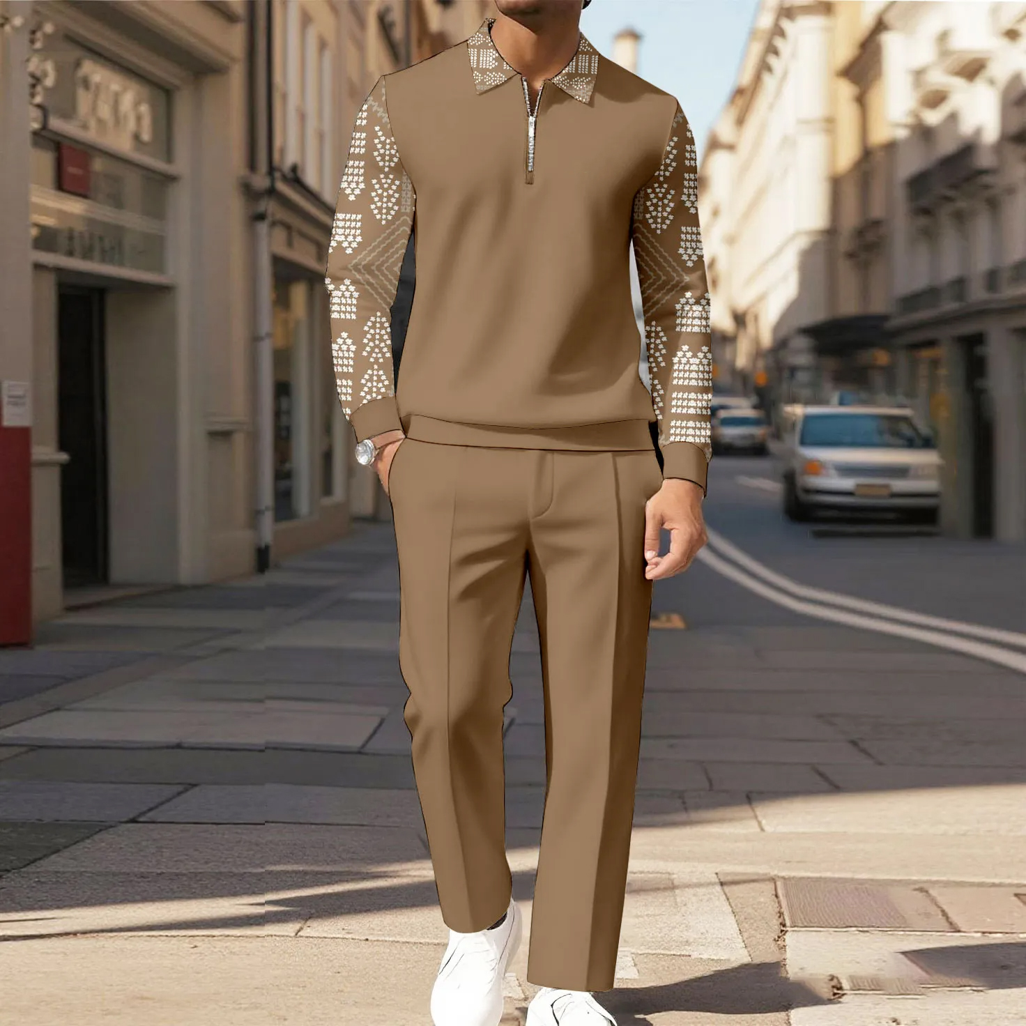 Men's Casual Color Matching Printed Polo-Collar Zipper Long Sleeved Trousers Two-Piece Set 9221