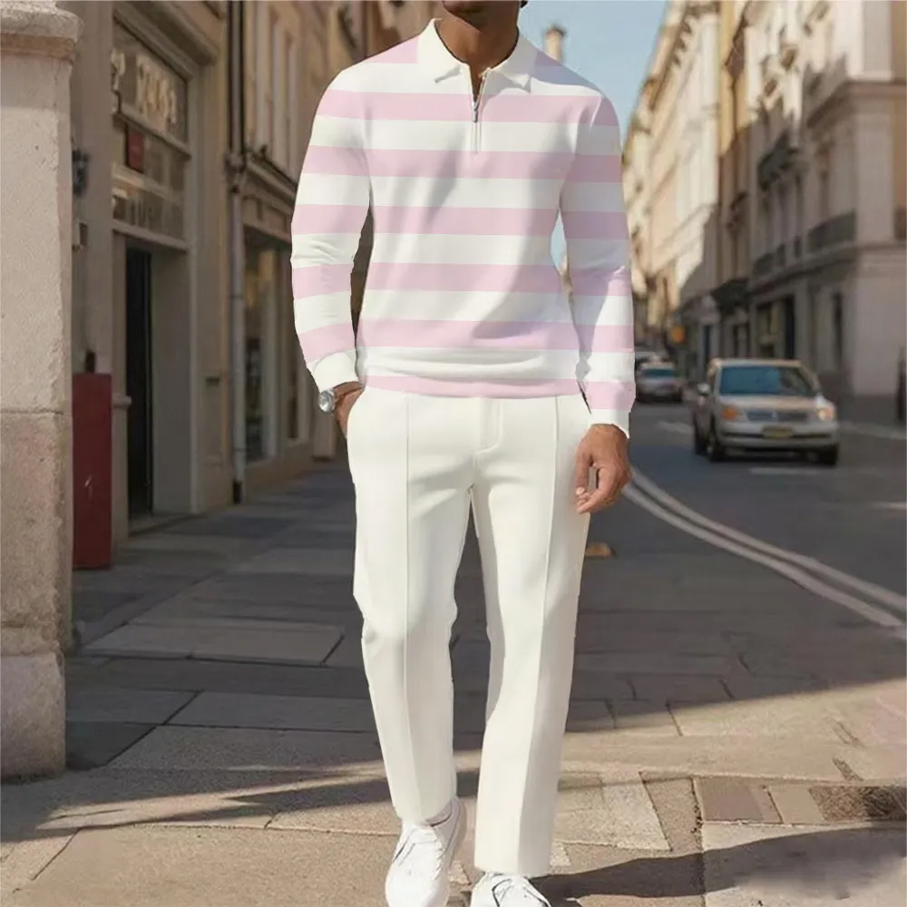 Men's Casual Color Matching Printed Polo-Collar Zipper Long Sleeved Trousers Two-Piece Set 1020