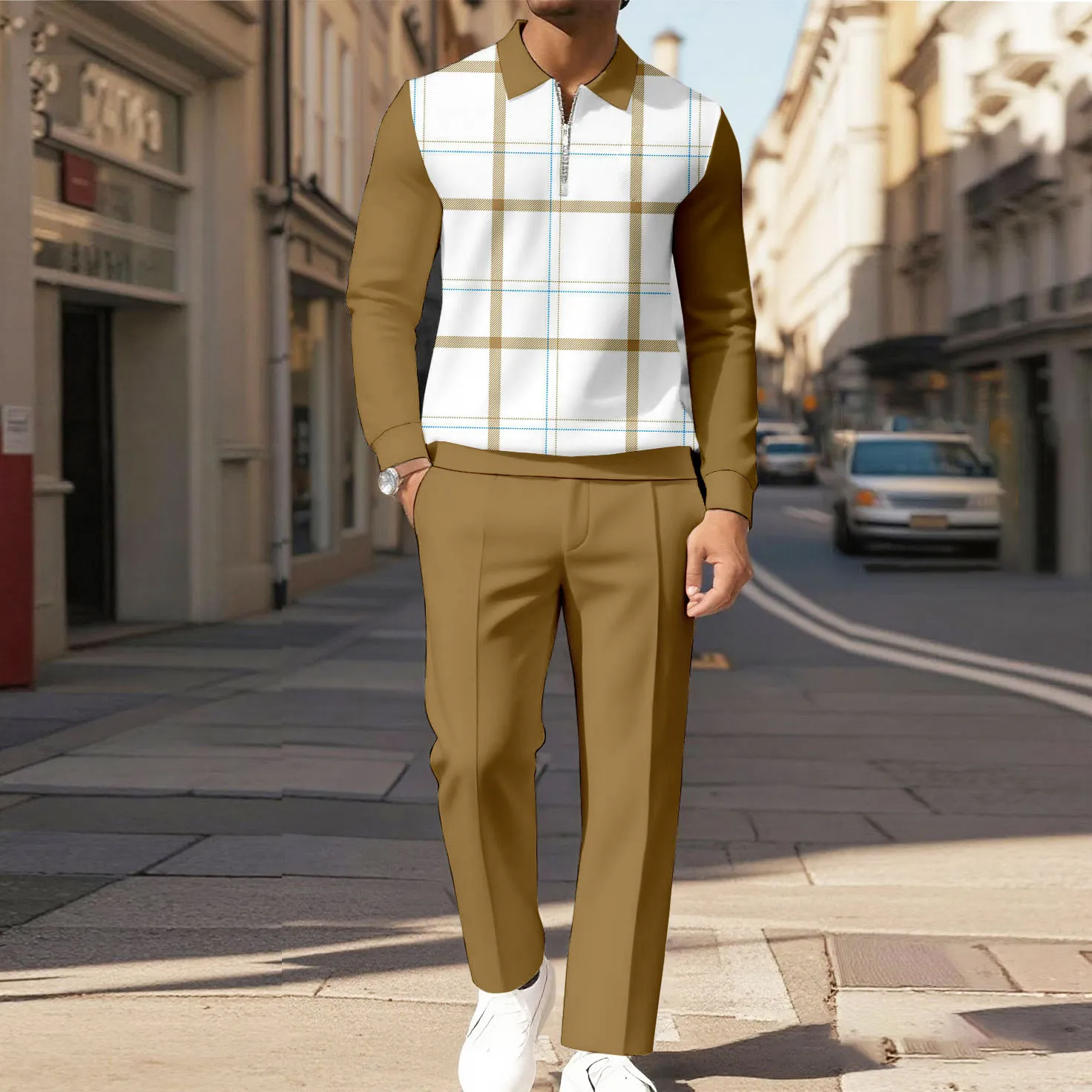 Men's Casual Color Matching Printed Polo-Collar Zipper Long Sleeved Trousers Two-Piece Set