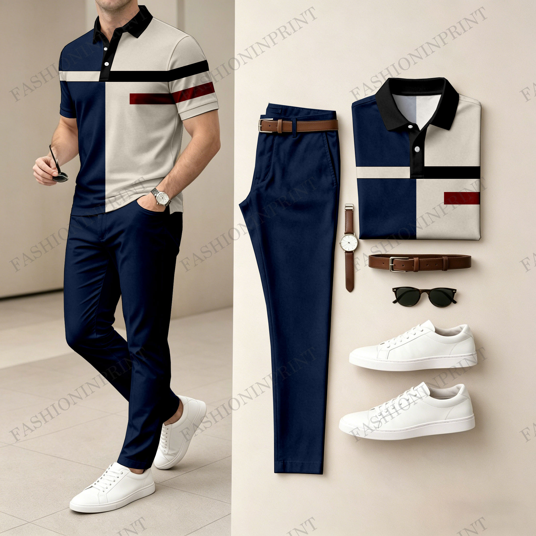 Men's Casual Khaki Geometry Printed Polo Shirt And Pants Two-Piece Set