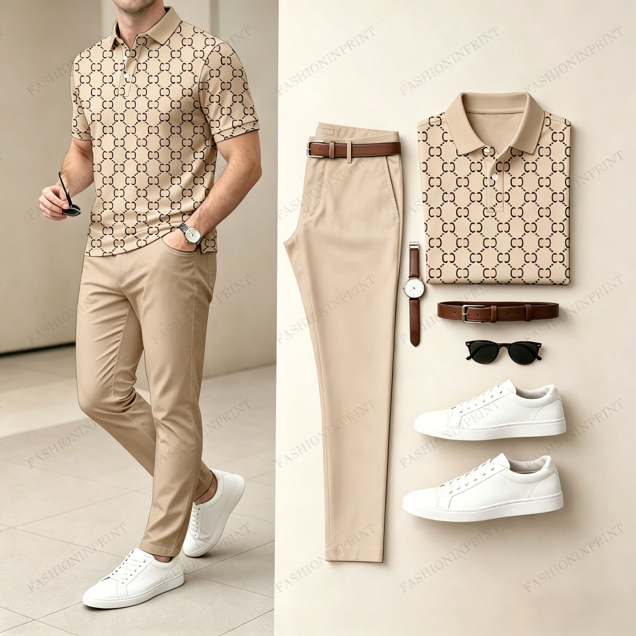 Men's Casual Brown Plaid Printed Polo Shirt And Pants Two-Piece Set