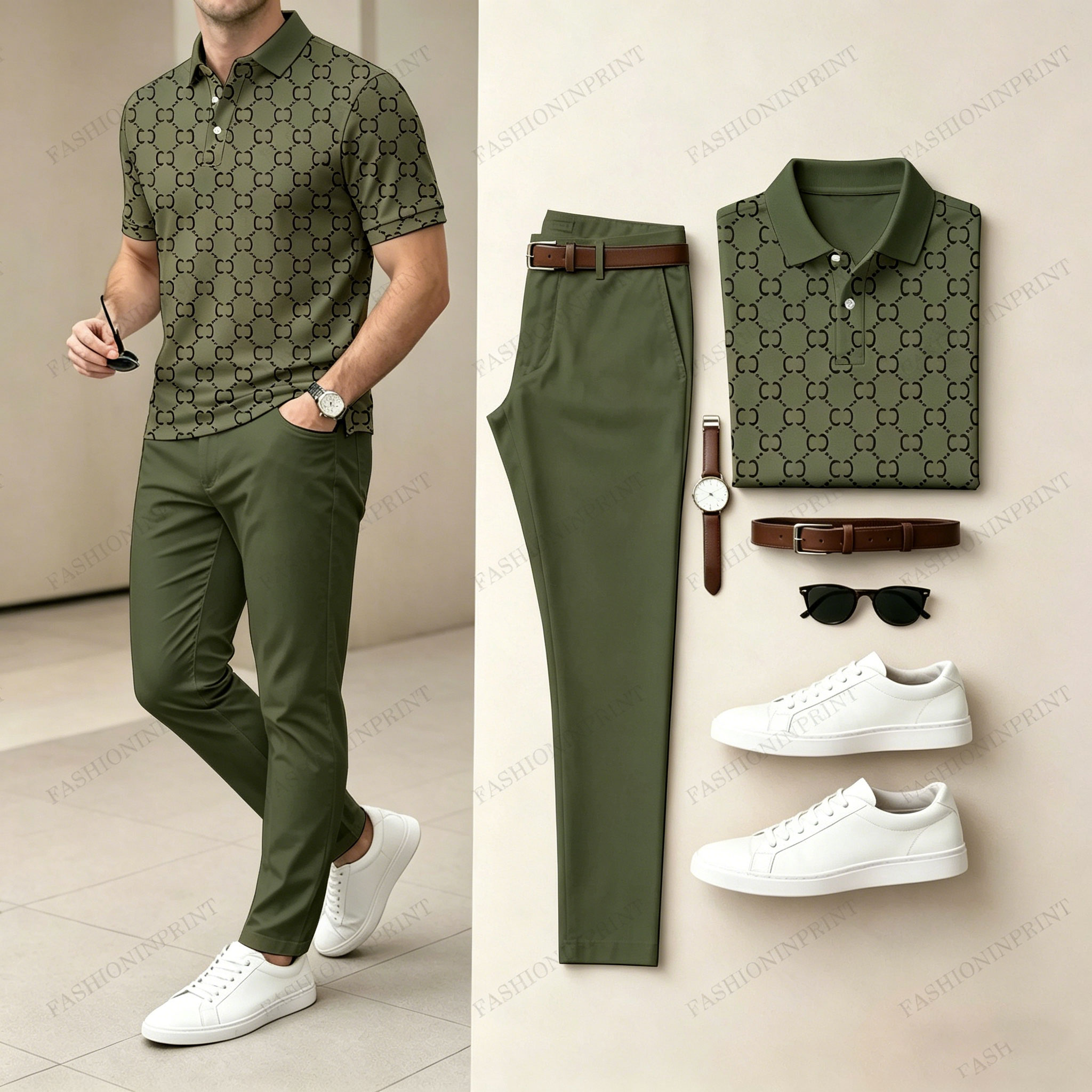 Men's Casual Brown Plaid Printed Polo Shirt And Pants Two-Piece Set