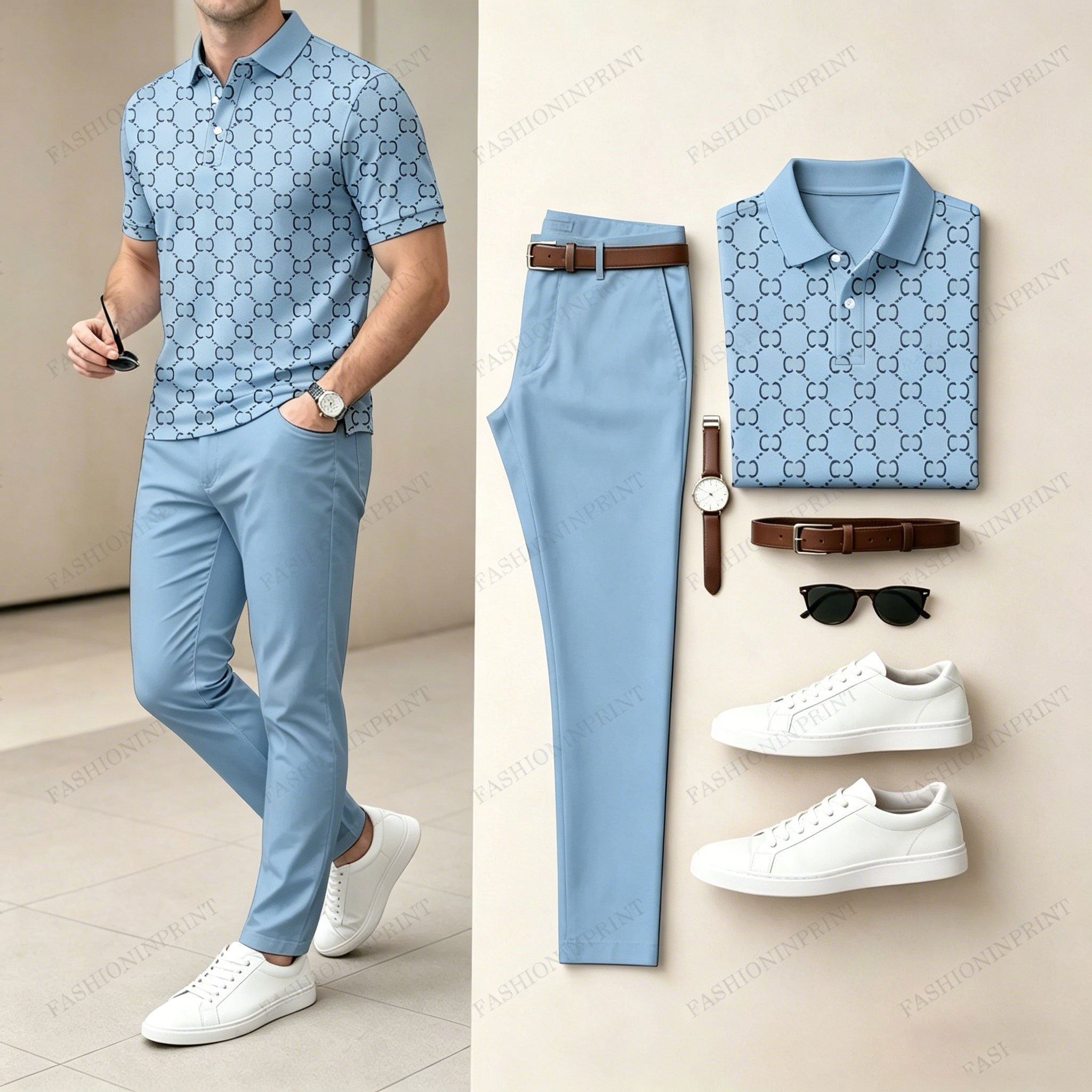 Men's Casual Brown Plaid Printed Polo Shirt And Pants Two-Piece Set
