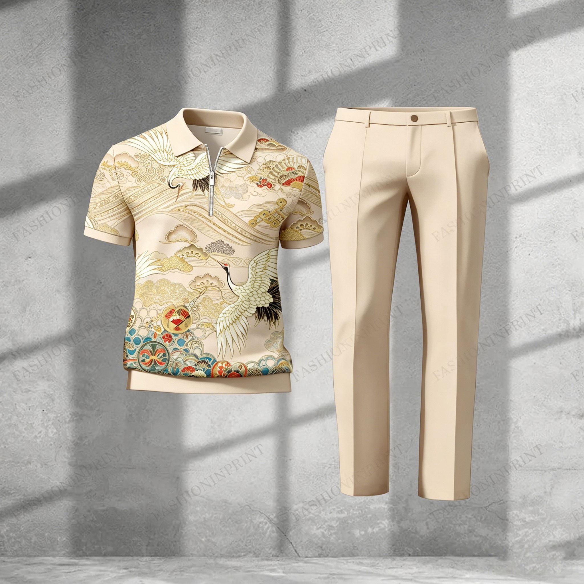 Men's Casual Royal Green Crane Short-Sleeved Half-Zip Polo Shirt And Royal Green Trousers Two-Piece Set