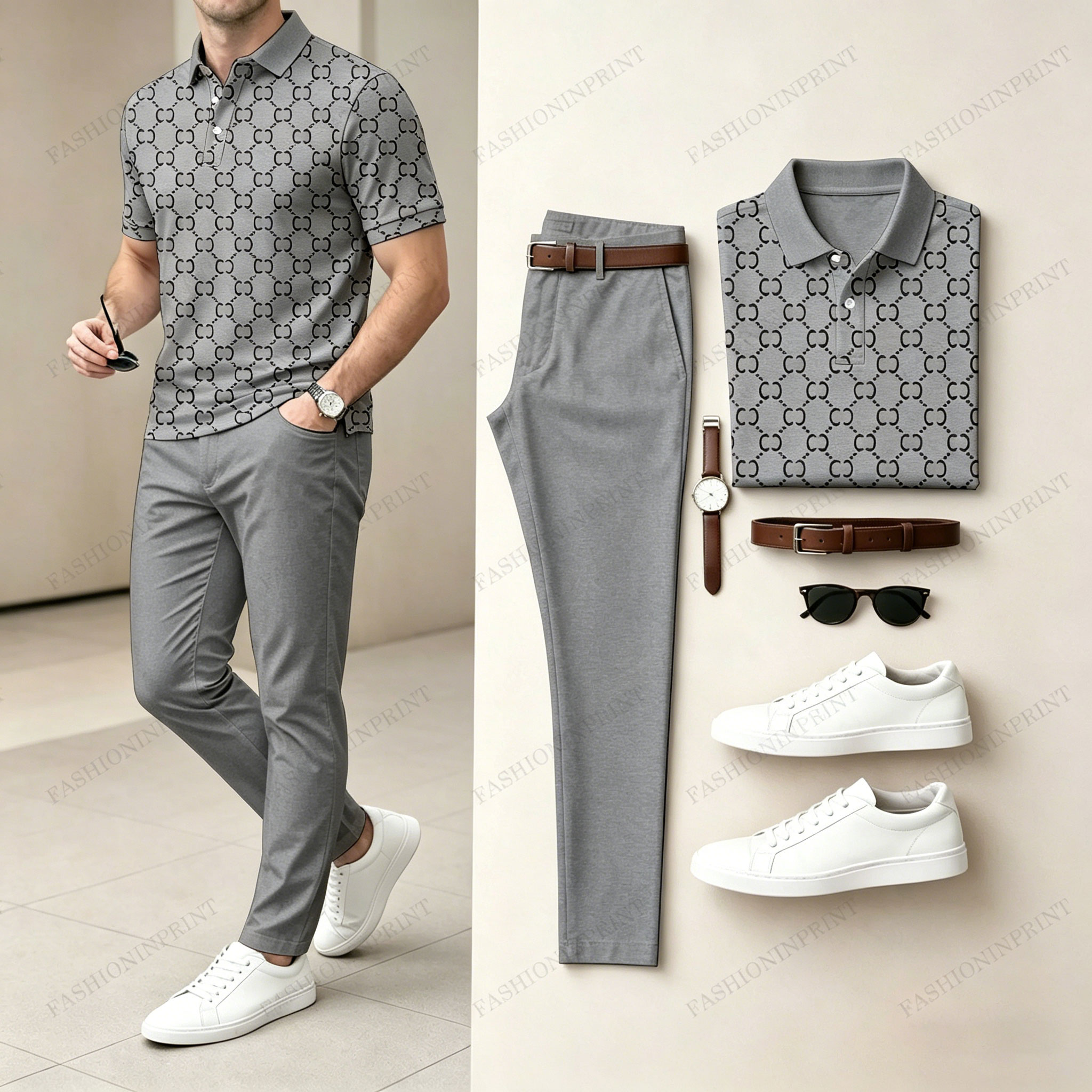 Men's Casual Brown Plaid Printed Polo Shirt And Pants Two-Piece Set