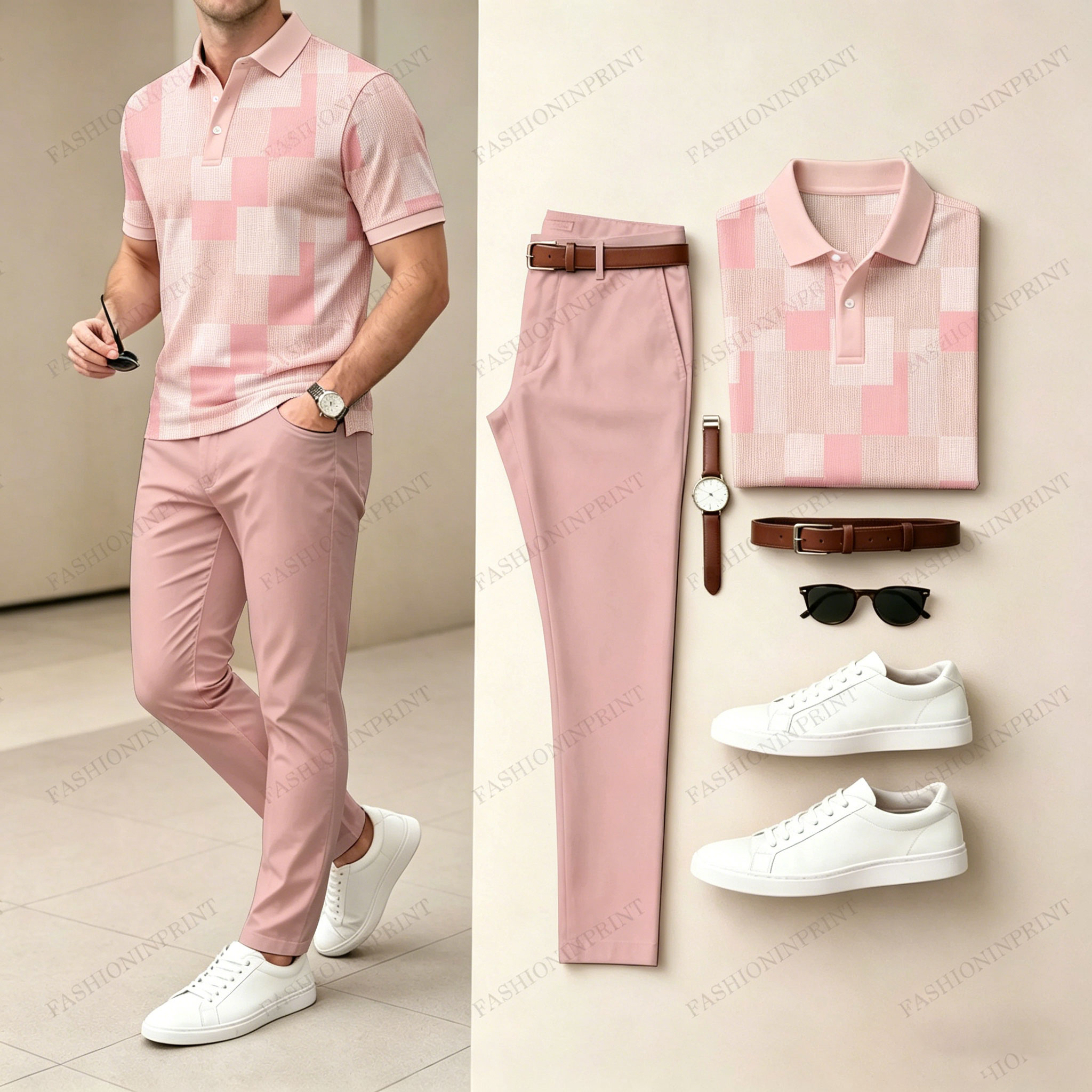 Men's Casual Color-Blocked Plaid Printed Polo Shirt And Pants Two-Piece Set