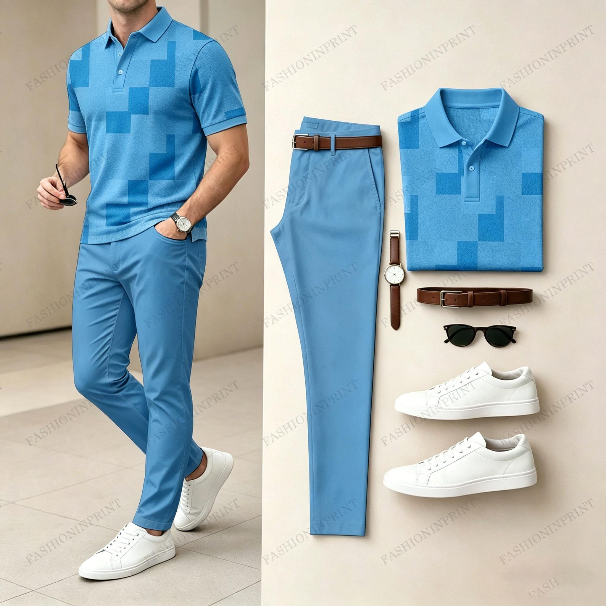 Men's Casual Color-Blocked Plaid Printed Polo Shirt And Pants Two-Piece Set
