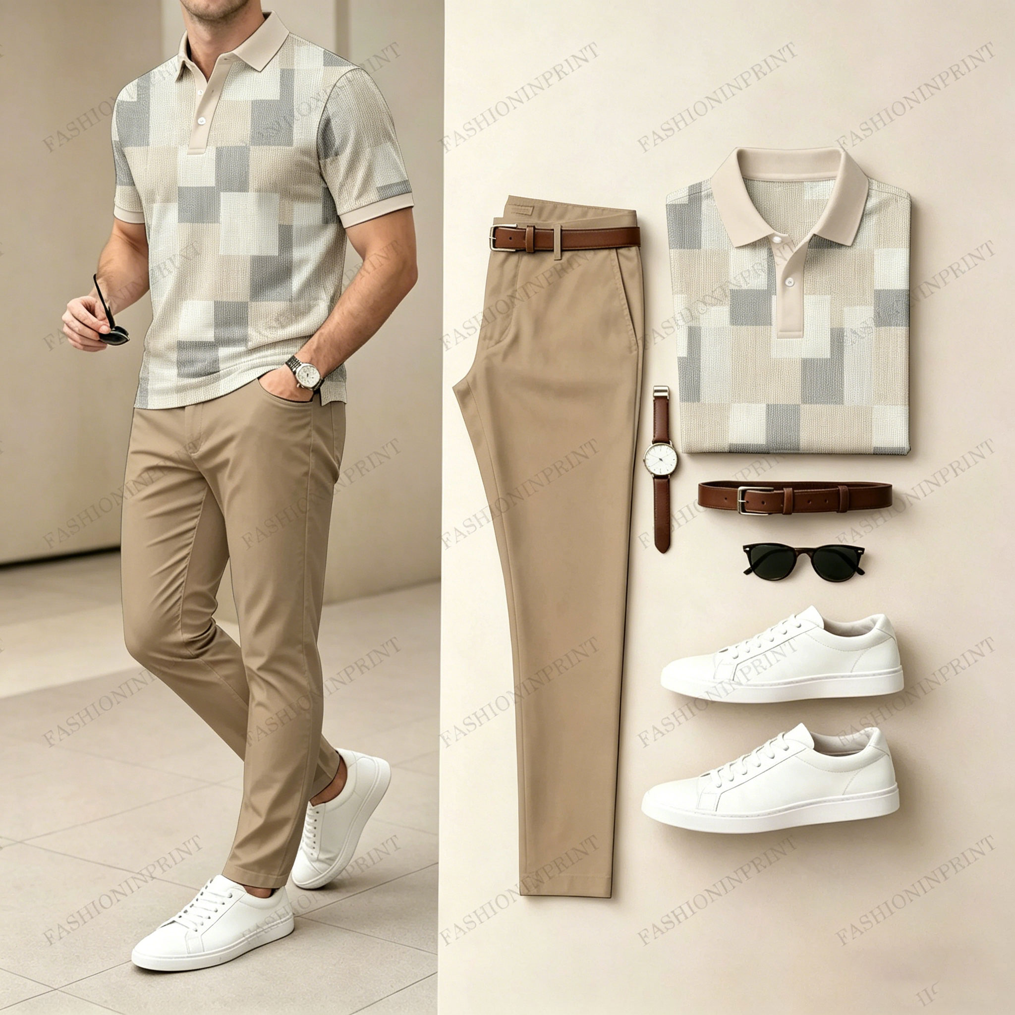 Men's Casual Color-Blocked Plaid Printed Polo Shirt And Pants Two-Piece Set