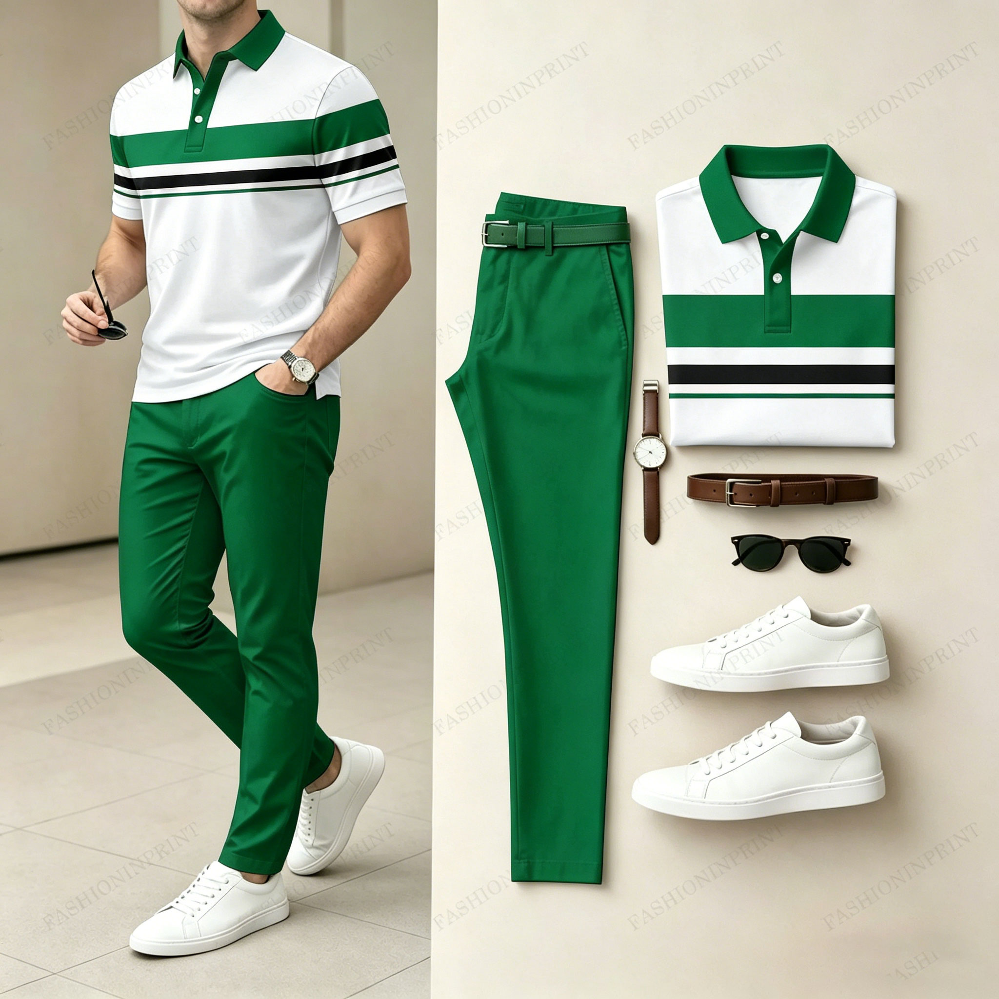 Men's Casual Red Geometry Printed Polo Shirt And Pants Two-Piece Set