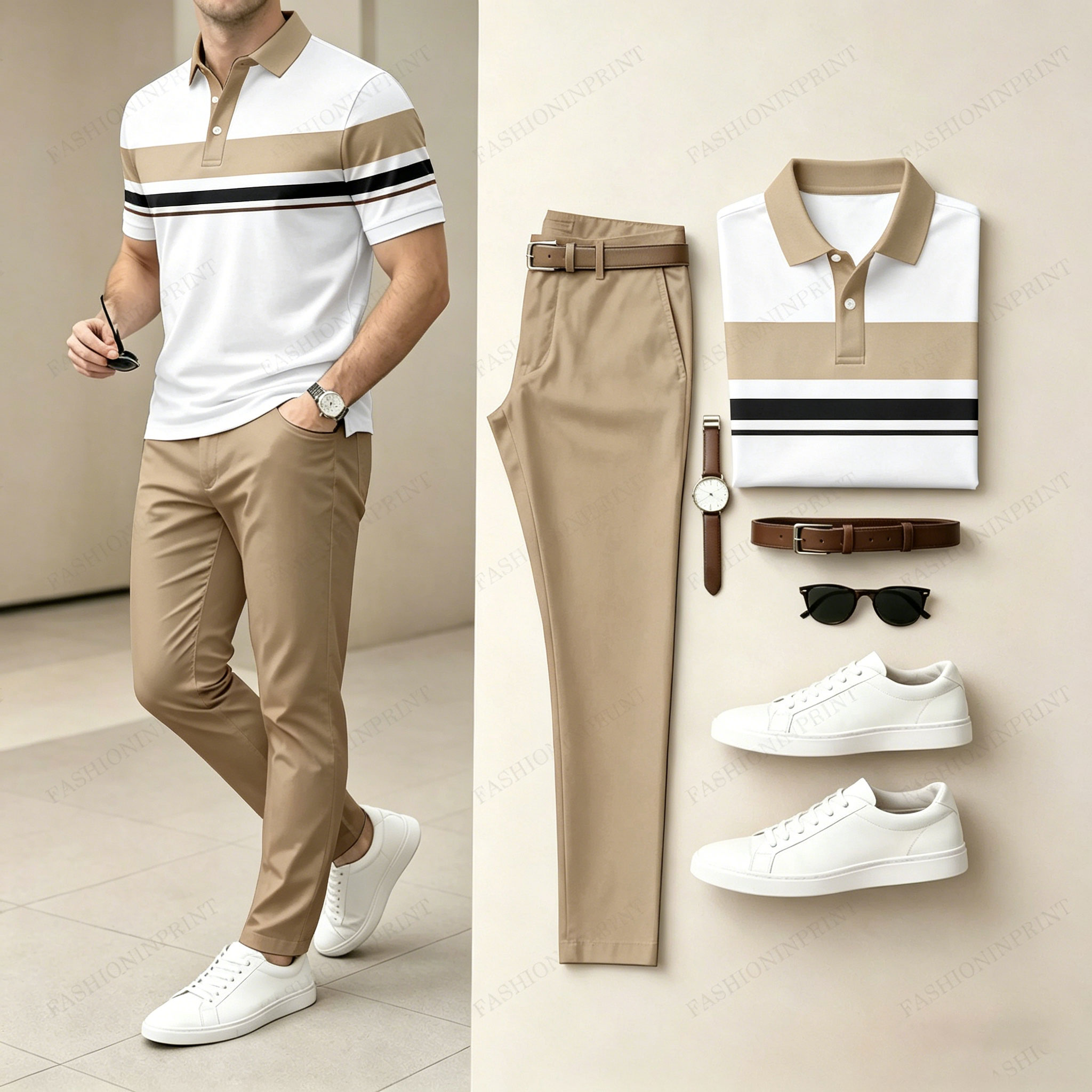 Men's Casual Red Geometry Printed Polo Shirt And Pants Two-Piece Set