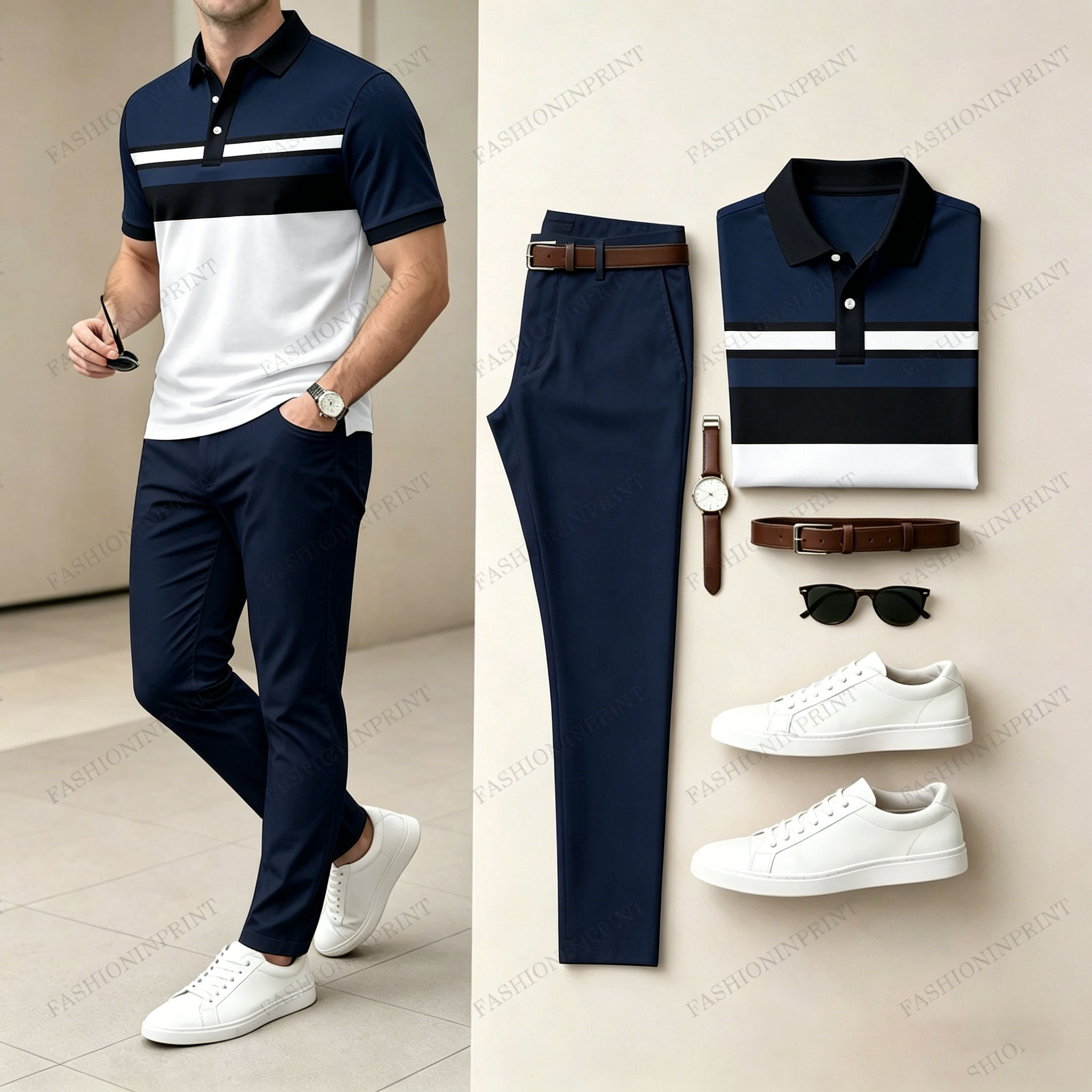 Men's Casual Khaki Geometry Printed Polo Shirt And Pants Two-Piece Set