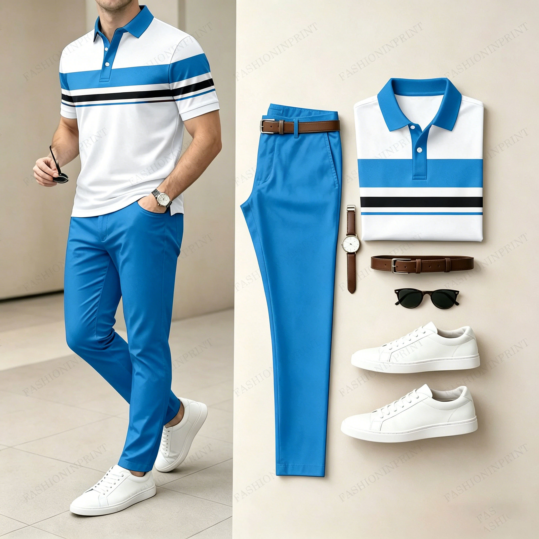 Men's Casual Red Geometry Printed Polo Shirt And Pants Two-Piece Set