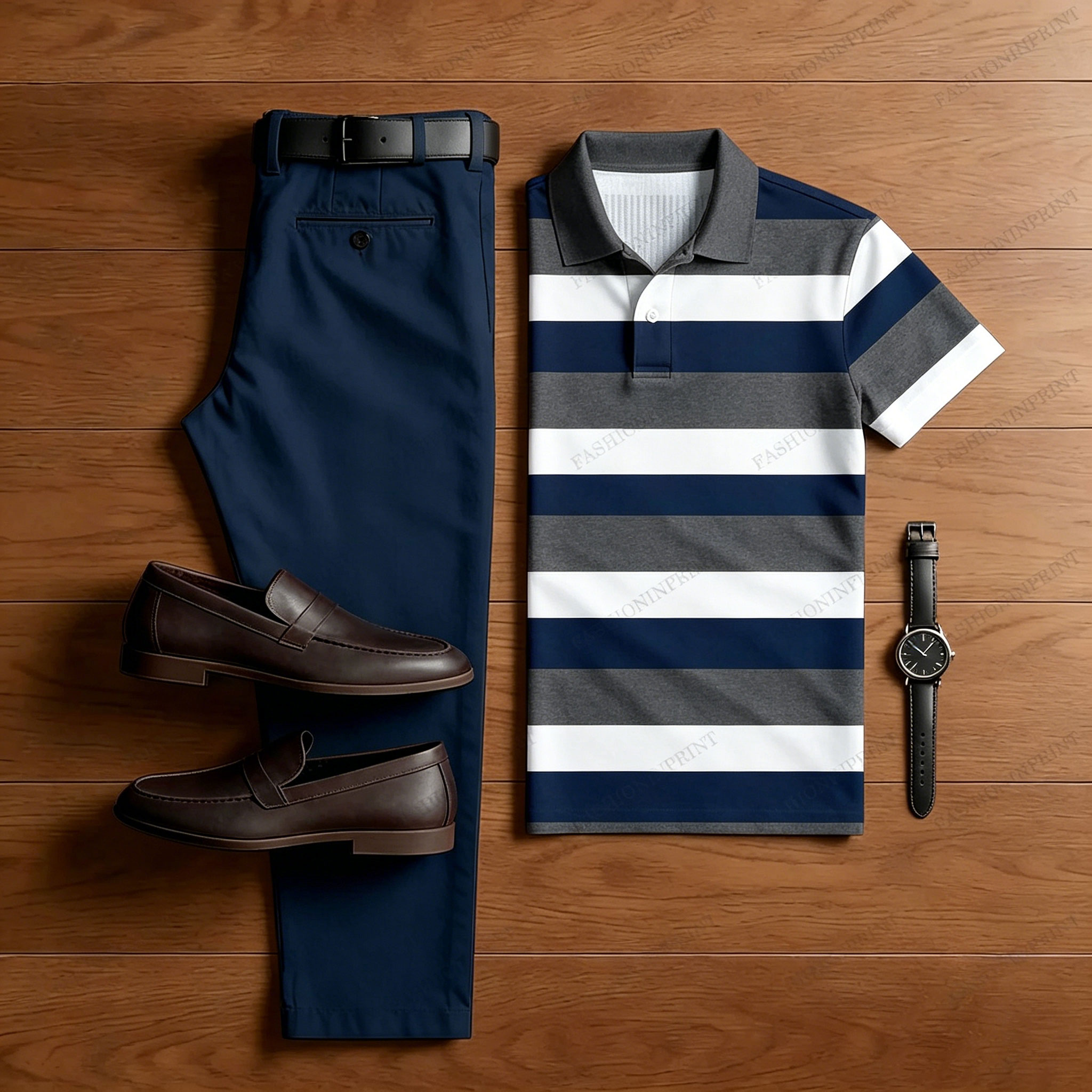 Men's Casual Yellow & Royal Blue & White Color Matching Striped Printed Short Sleeved Polo Shirt & Trousers Two-Piece Set