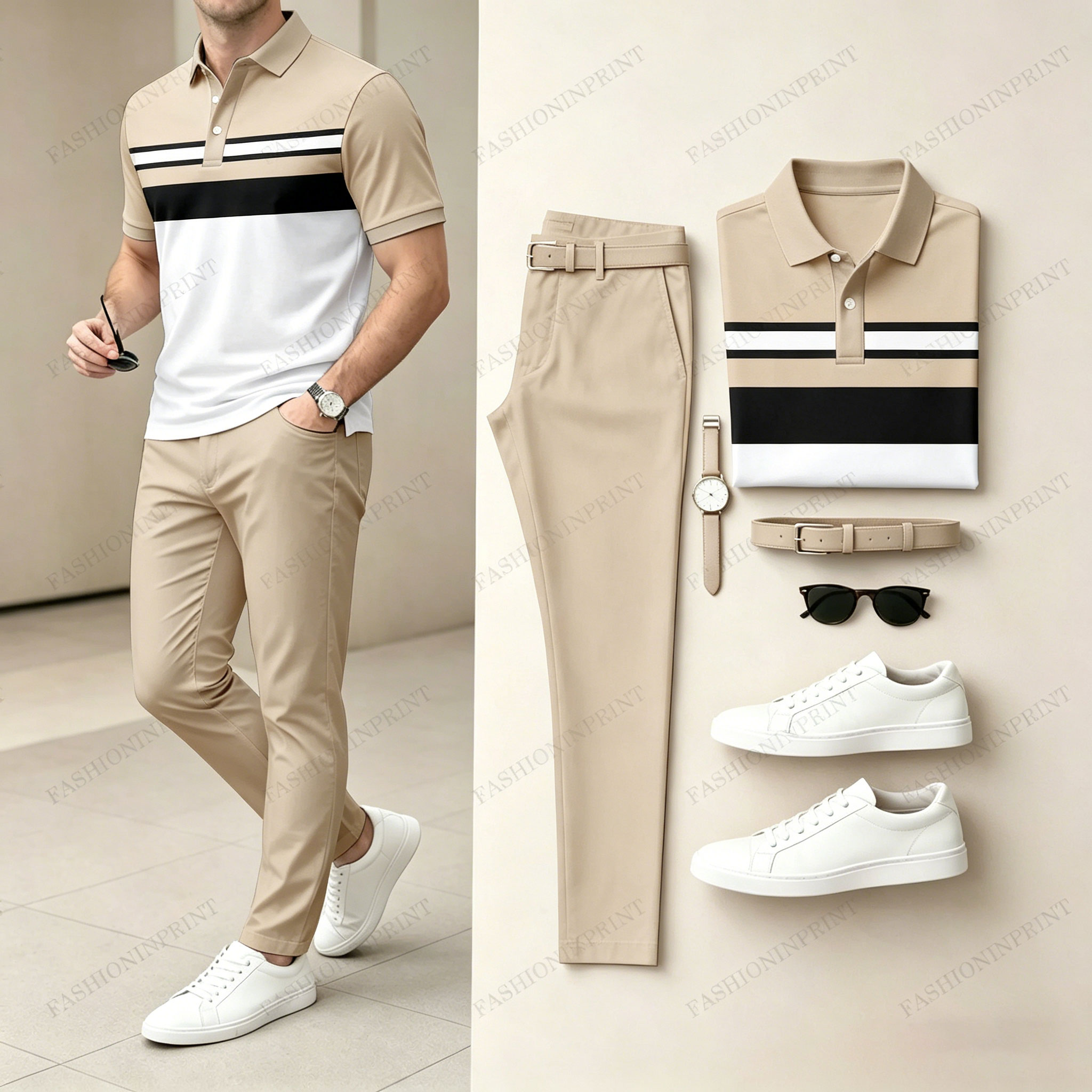 Men's Casual Khaki Geometry Printed Polo Shirt And Pants Two-Piece Set