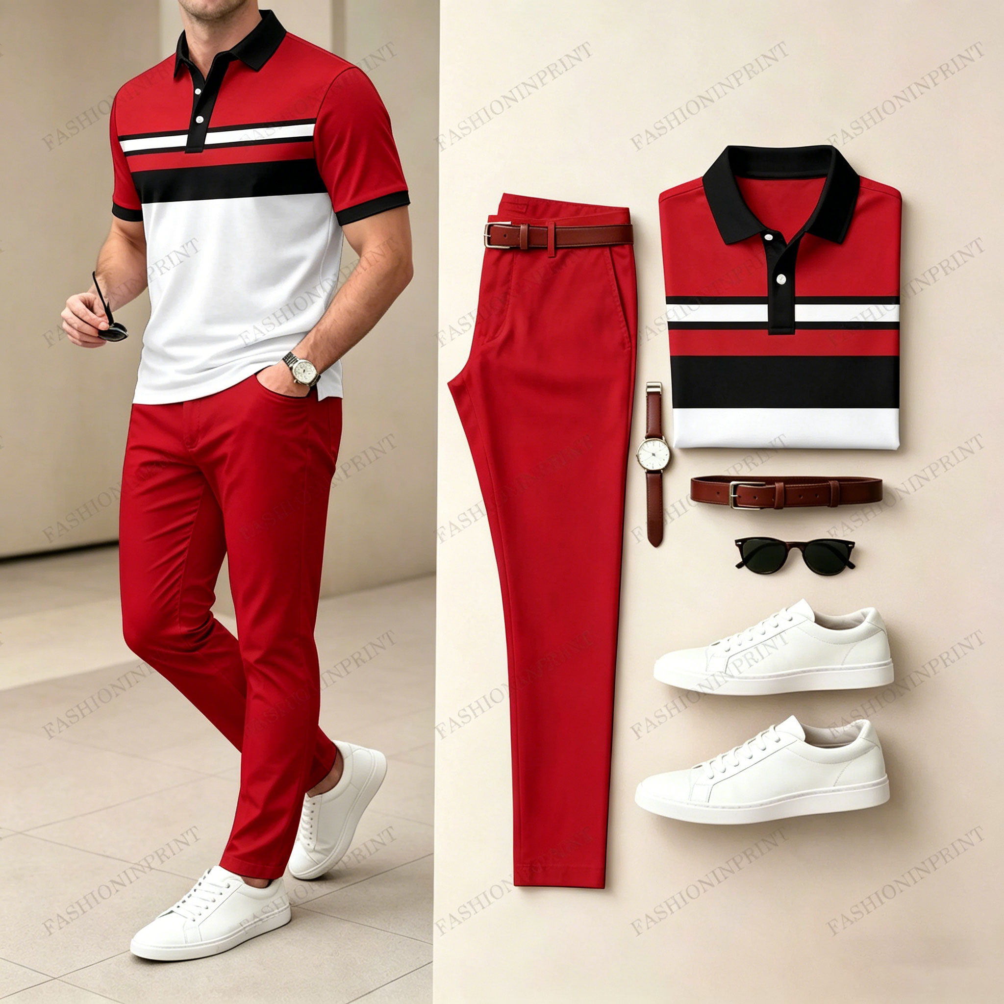 Men's Casual Khaki Geometry Printed Polo Shirt And Pants Two-Piece Set