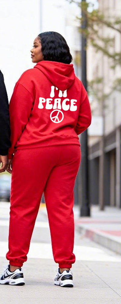 Big & Tall Couples Black And Red Contrast Color "Peace" Gesture Slogan Printed Hoodie Set