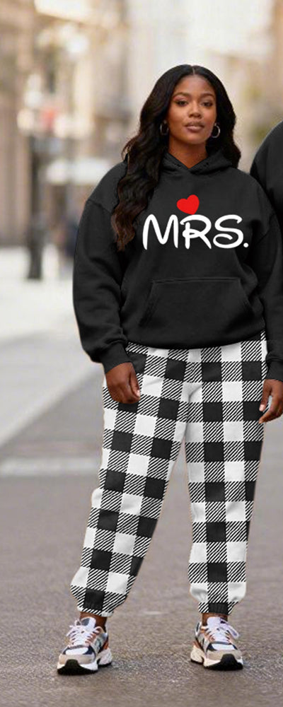 Big & Tall Couples MR & MRS Love Logo Black Plaid Printed Hoodie Set