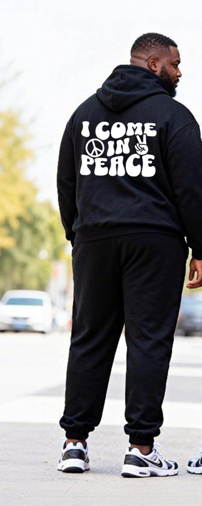 Big & Tall Couples Black And Red Contrast Color "Peace" Gesture Slogan Printed Hoodie Set