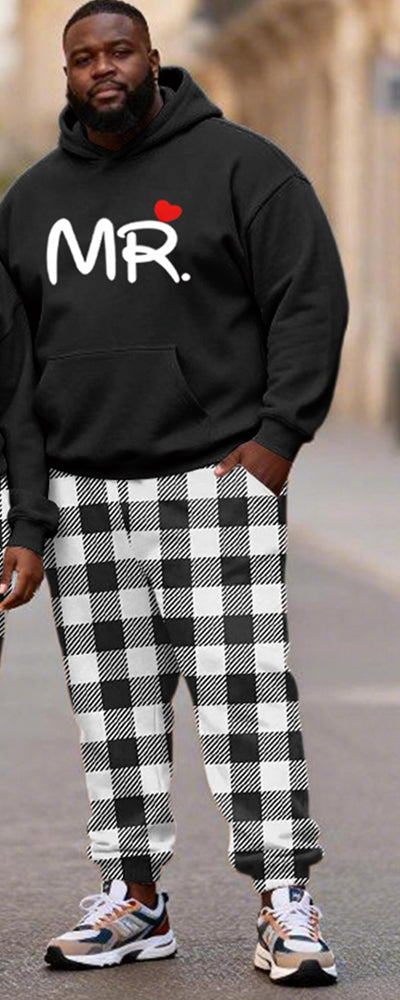 Big & Tall Couples MR & MRS Love Logo Black Plaid Printed Hoodie Set