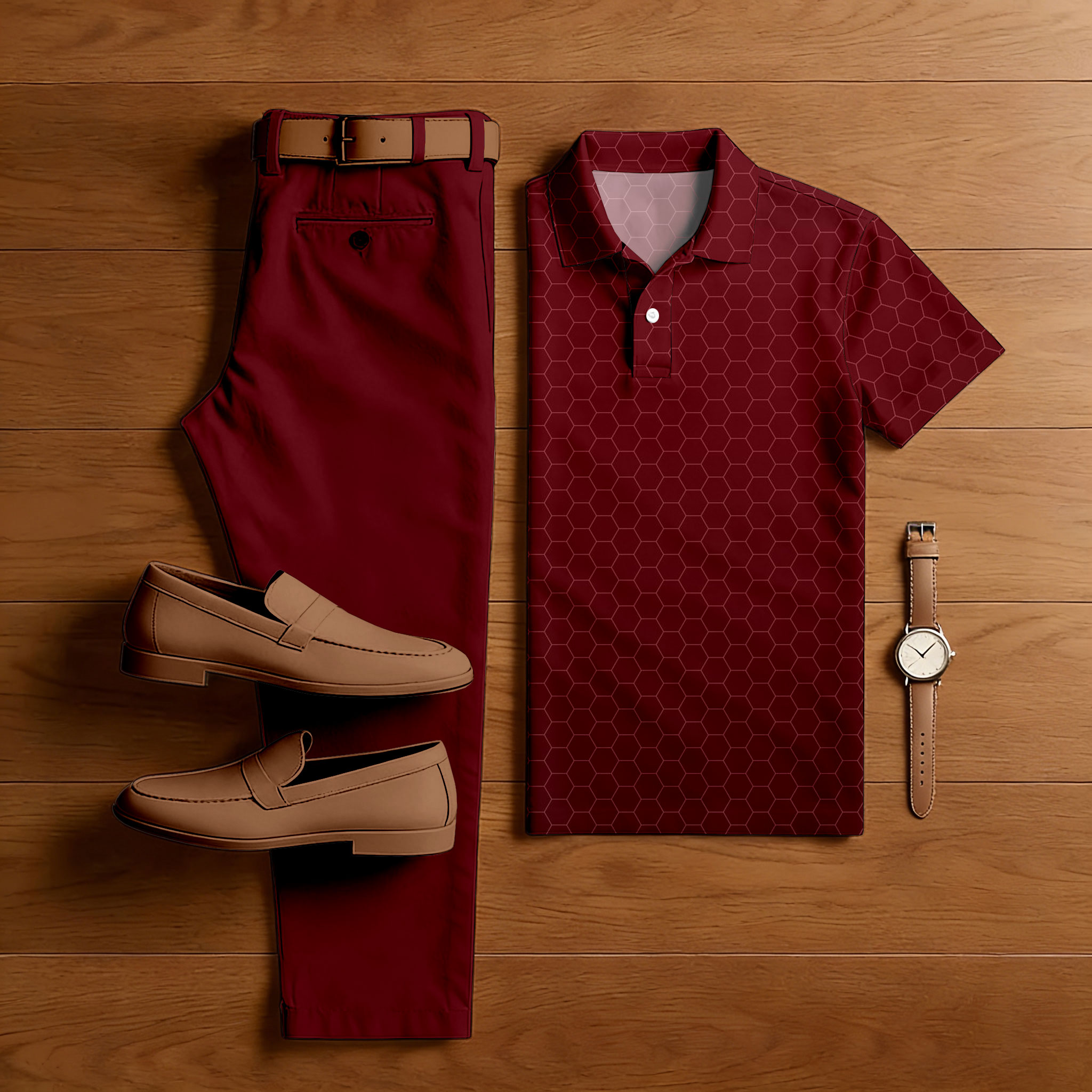 Men's Casual Maroon Color Short Sleeved Polo Shirt & Trousers Two-Piece Set