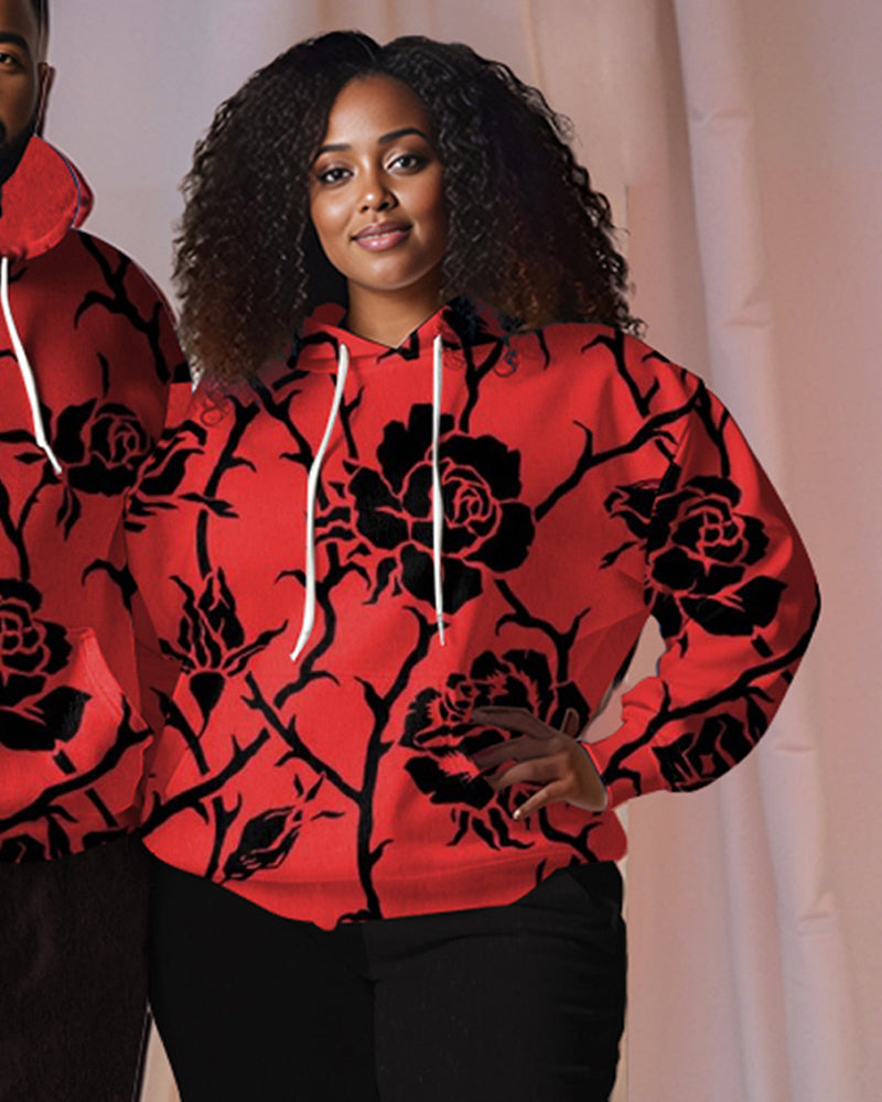 Couple Plus Size Rose Print Hoodie Set