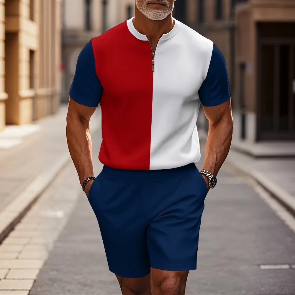 Men's fashion casual round-neck zipper geometric printed short-sleeved two-piece set