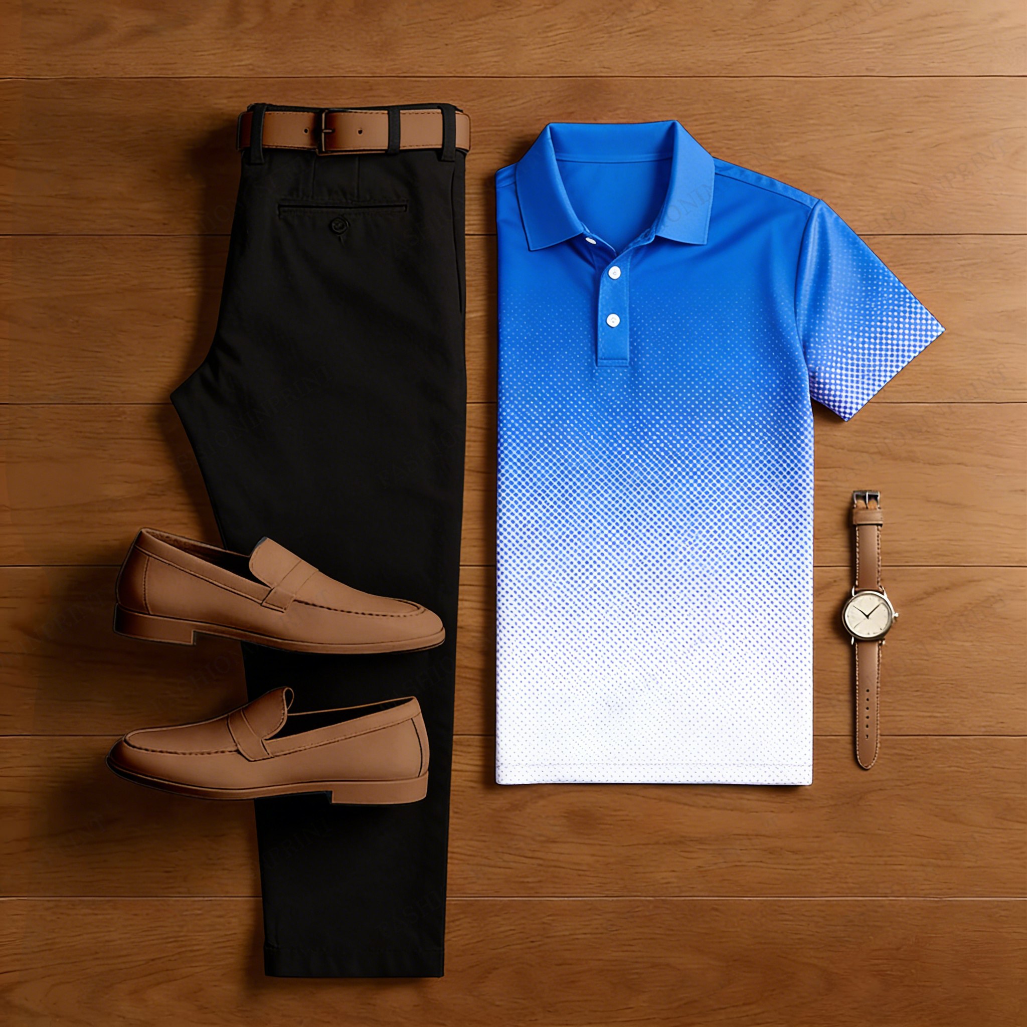 Men's casual blue and white gradient print polo shirt and trousers two-piece set