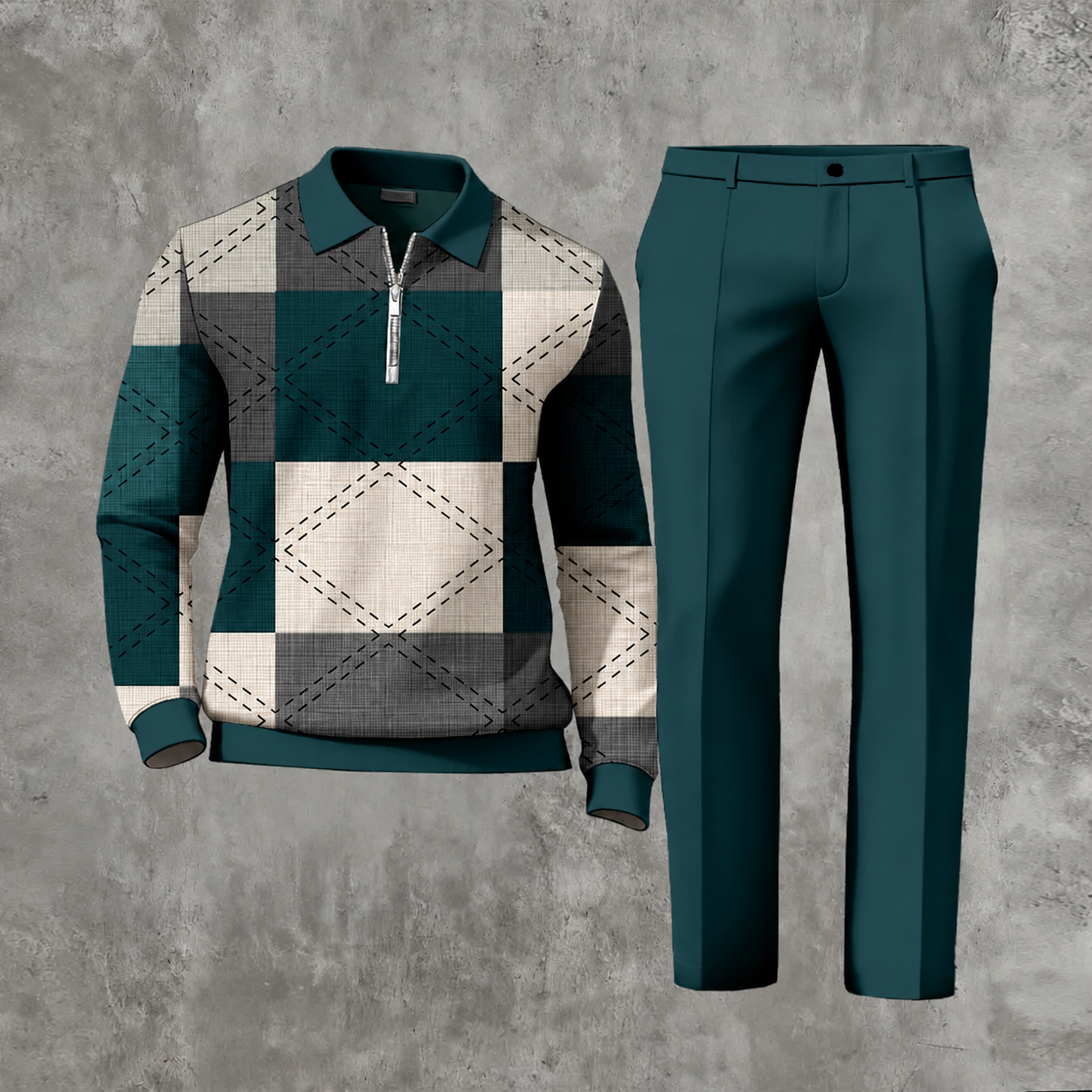 Men's Casual Color Matching Printed Polo-Collar Zipper Long Sleeved Trousers Two-Piece Set 1103