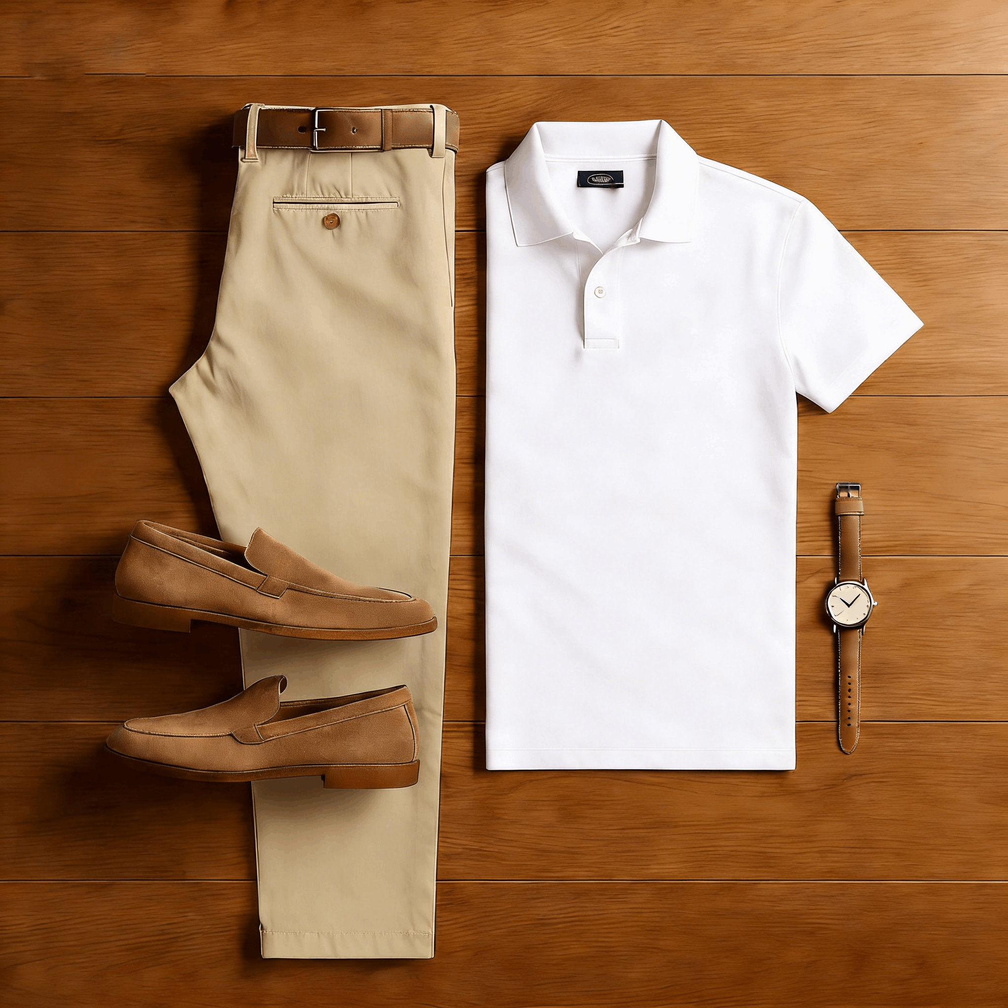 Men's Casual White & Khaki Solid Color Matching Sport Short Sleeved Polo Shirt & Trousers Two-Piece Set