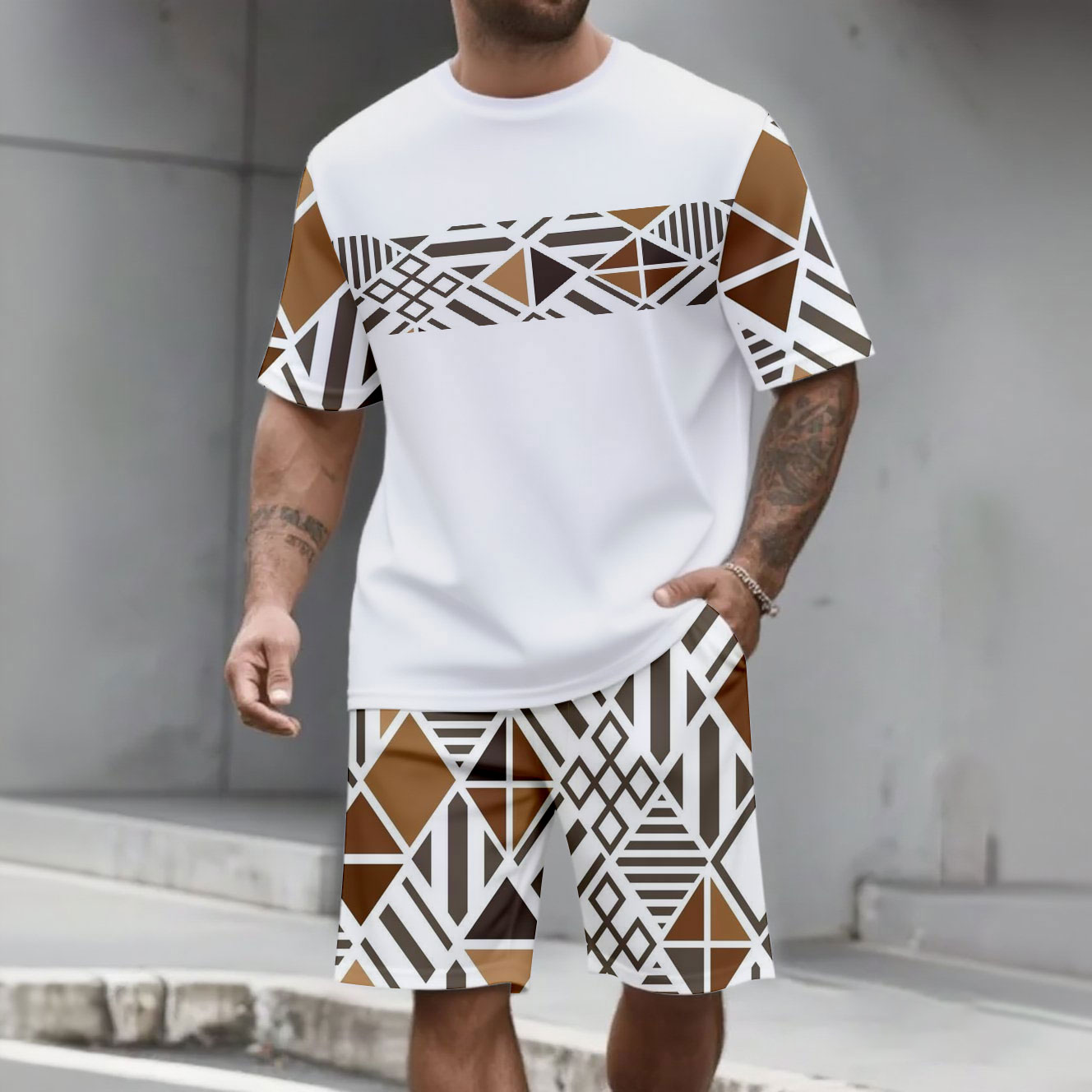Men's Fashion Casual Color Matching Printed Short-Sleeved Two-Piece Set