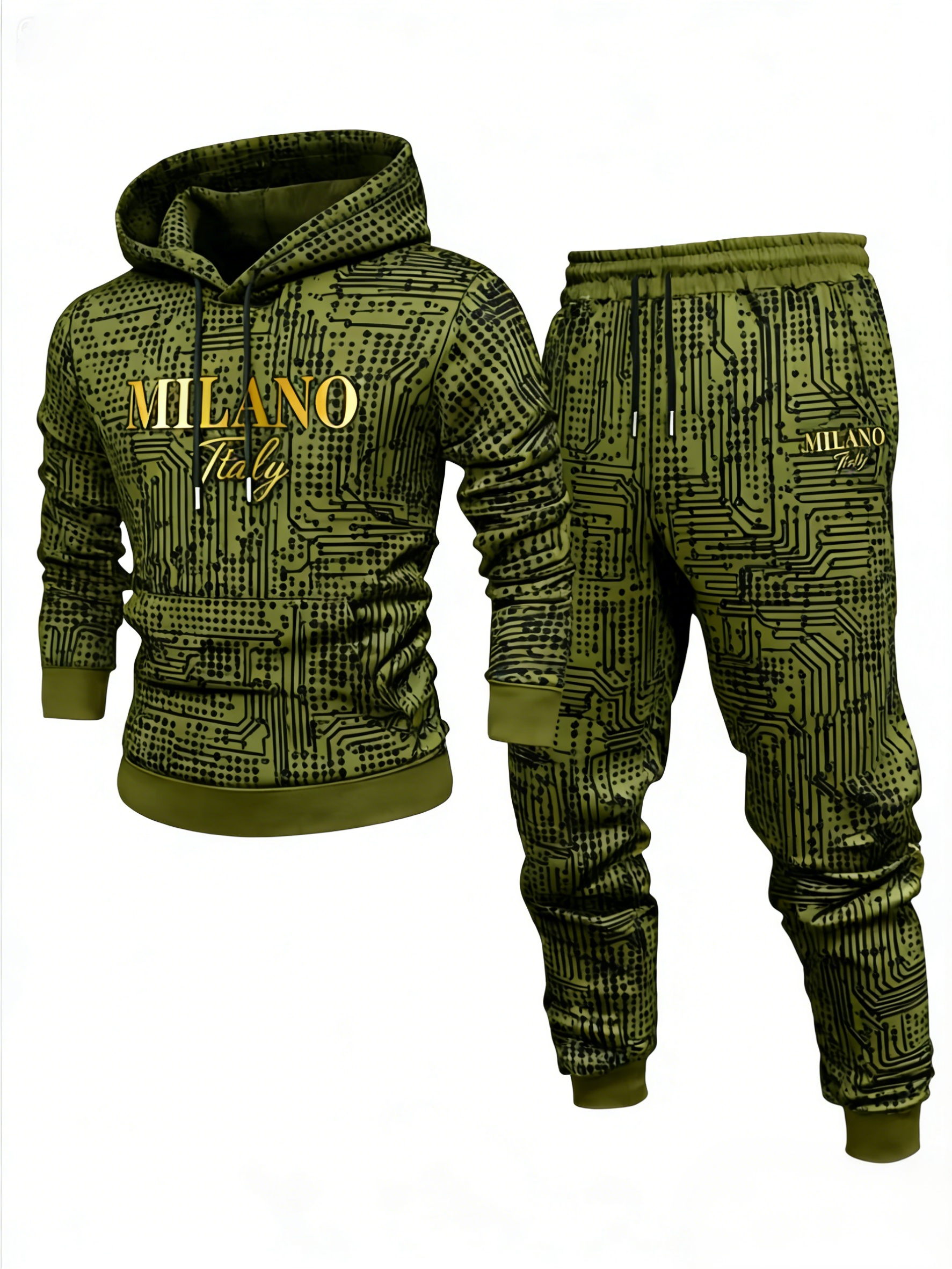 Men's Casual Green & Black Color Polka Dots Printed Hoodies Long Sleeved Sweatshirts & Sweatpants Two-Piece Set