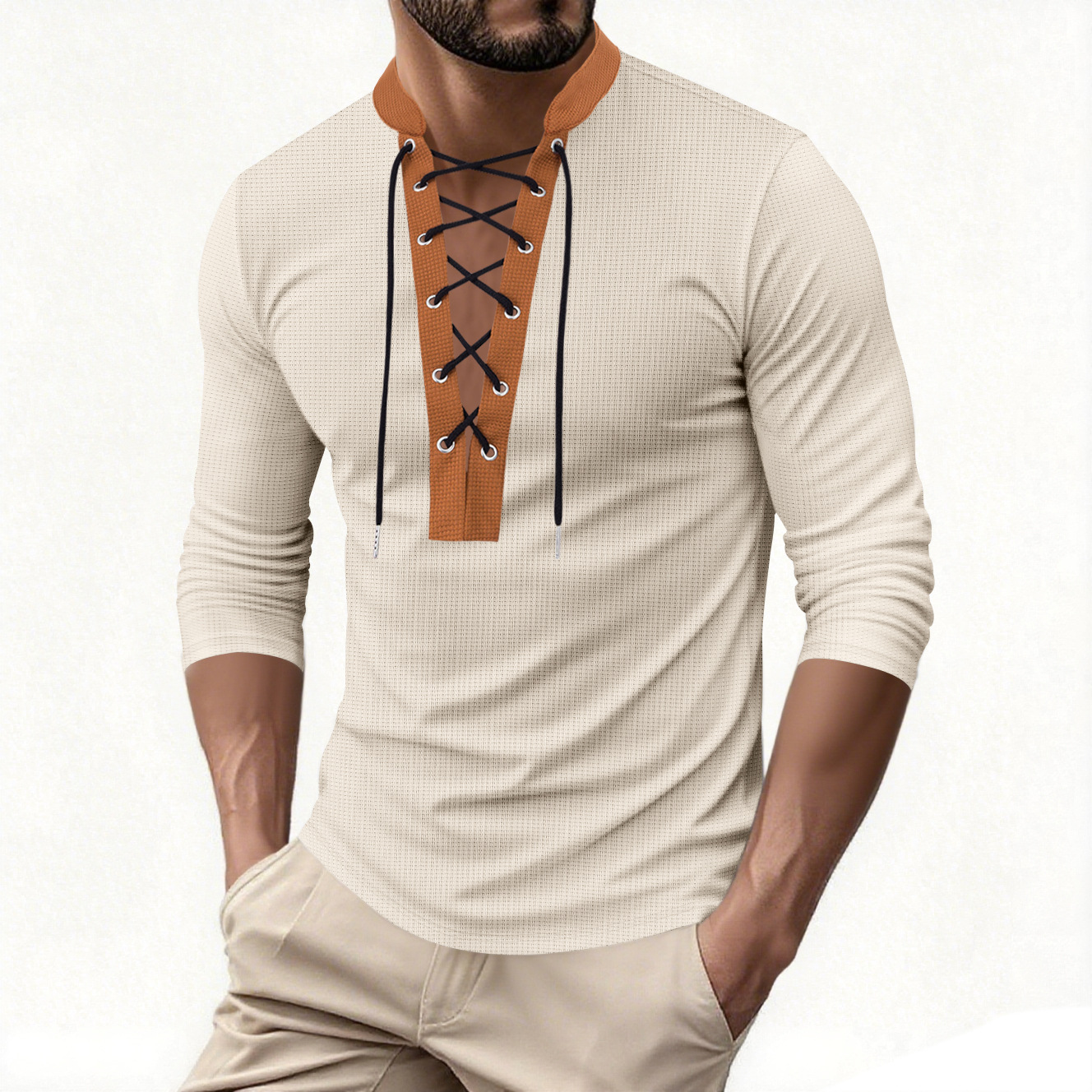 Men's Casual Solid Color Waffle V-Neckb Bandage Long Sleeved T-Shirts