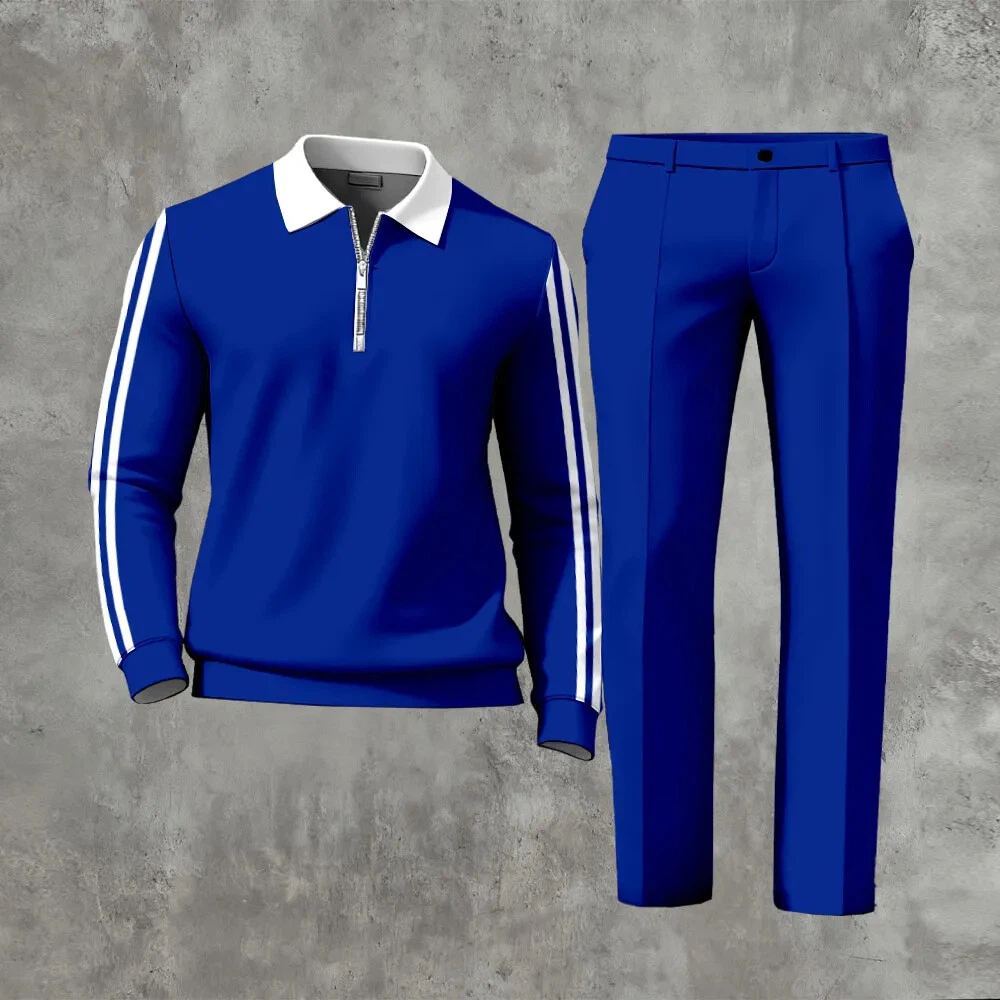 Men's Matching Printed Polo-Collar Zipper Long Sleeved Trousers Two-Piece Set