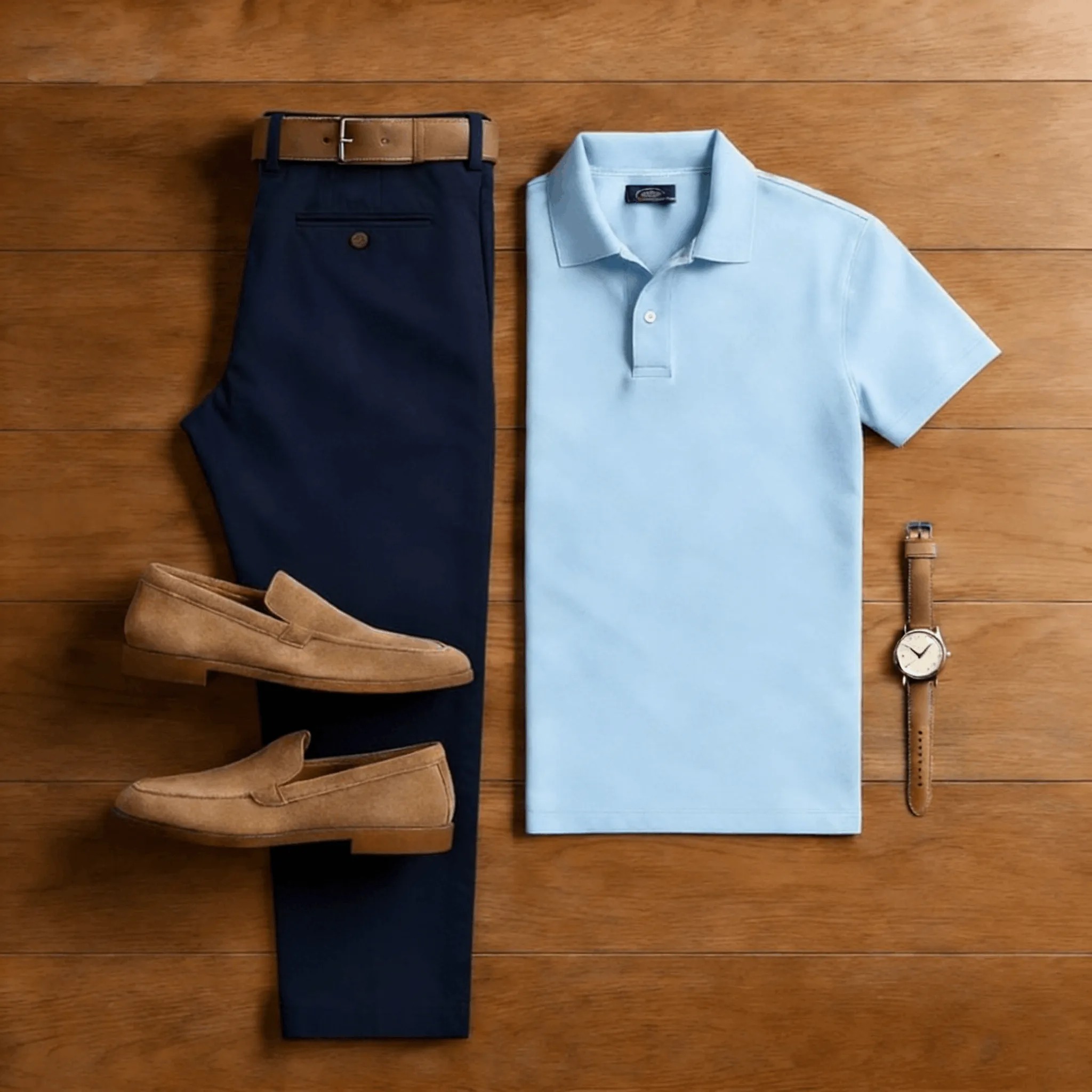 Men's Casual Blue & Navy Blue Solid Color Matching Sport Short Sleeved Polo Shirt & Trousers Two-Piece Set