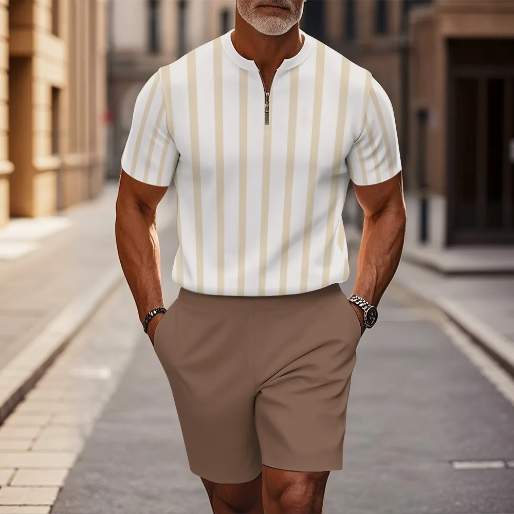 Men's fashion casual round-neck zipper geometric printed short-sleeved two-piece set