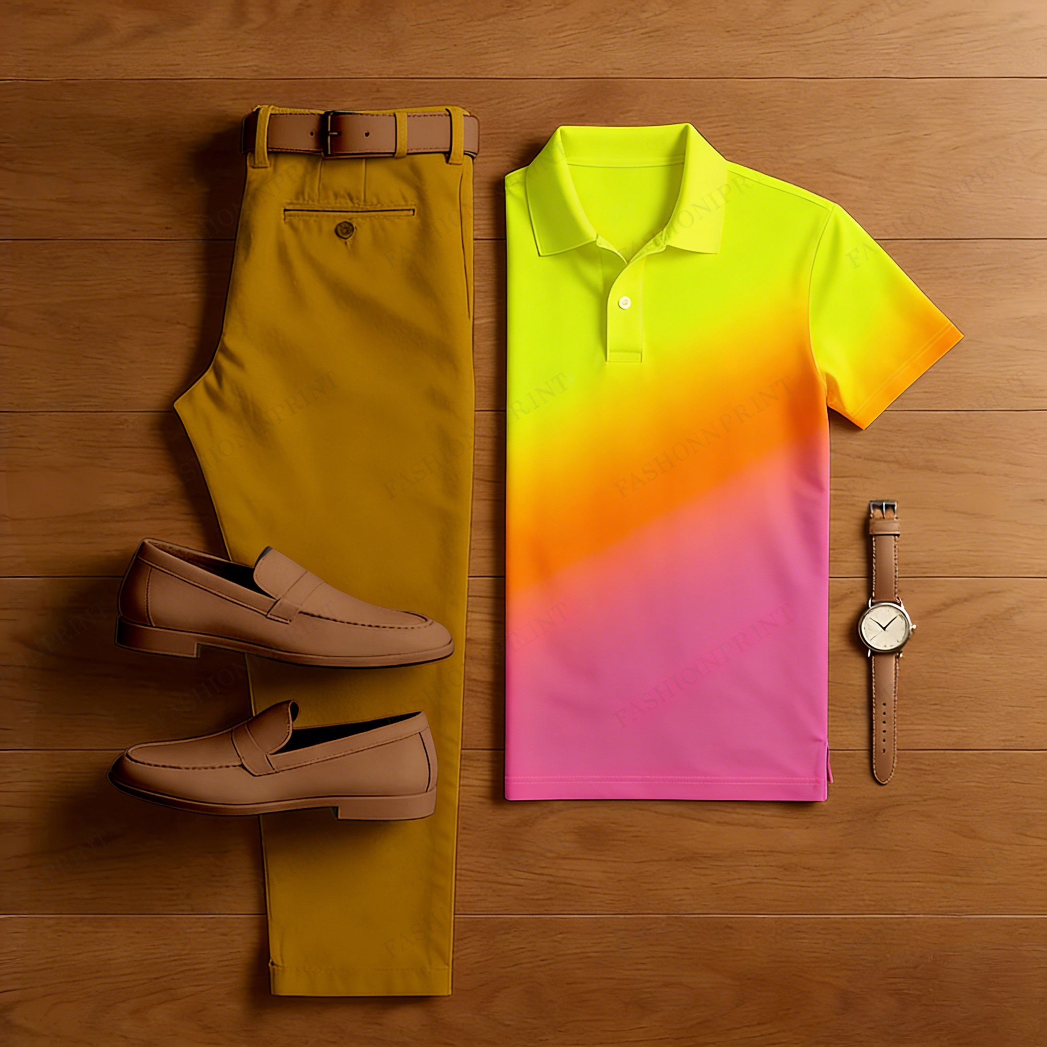 Men's casual yellow-orange-pink gradient print polo shirt and trousers two-piece set