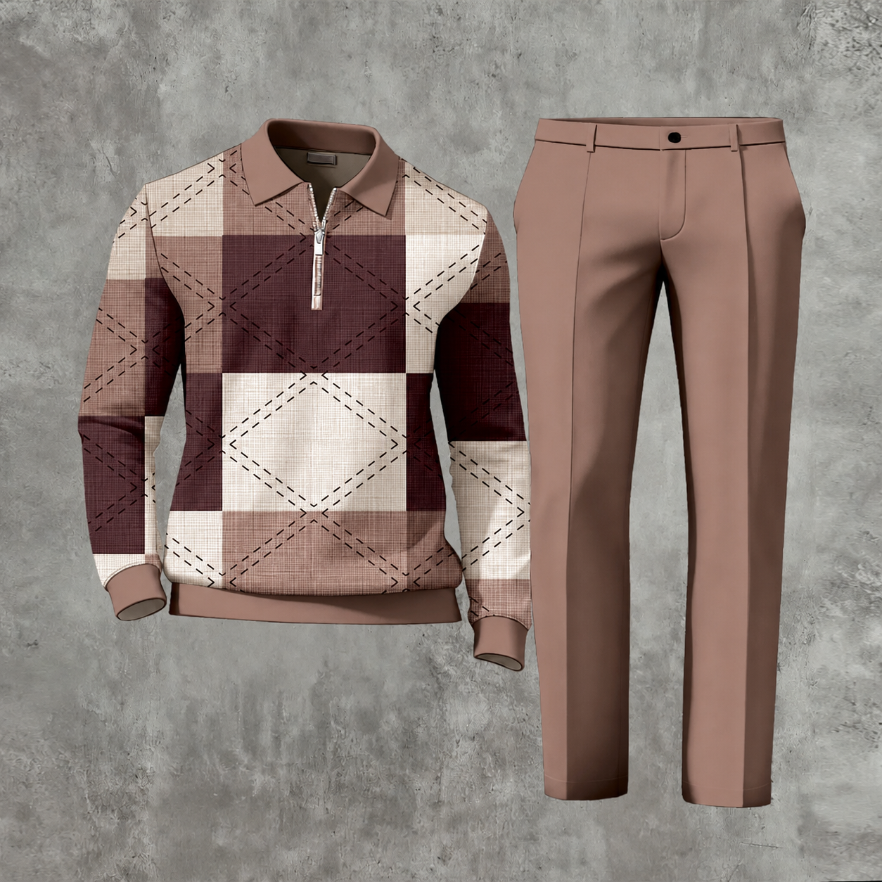 Men's Casual Color Matching Printed Polo-Collar Zipper Long Sleeved Trousers Two-Piece Set 1103
