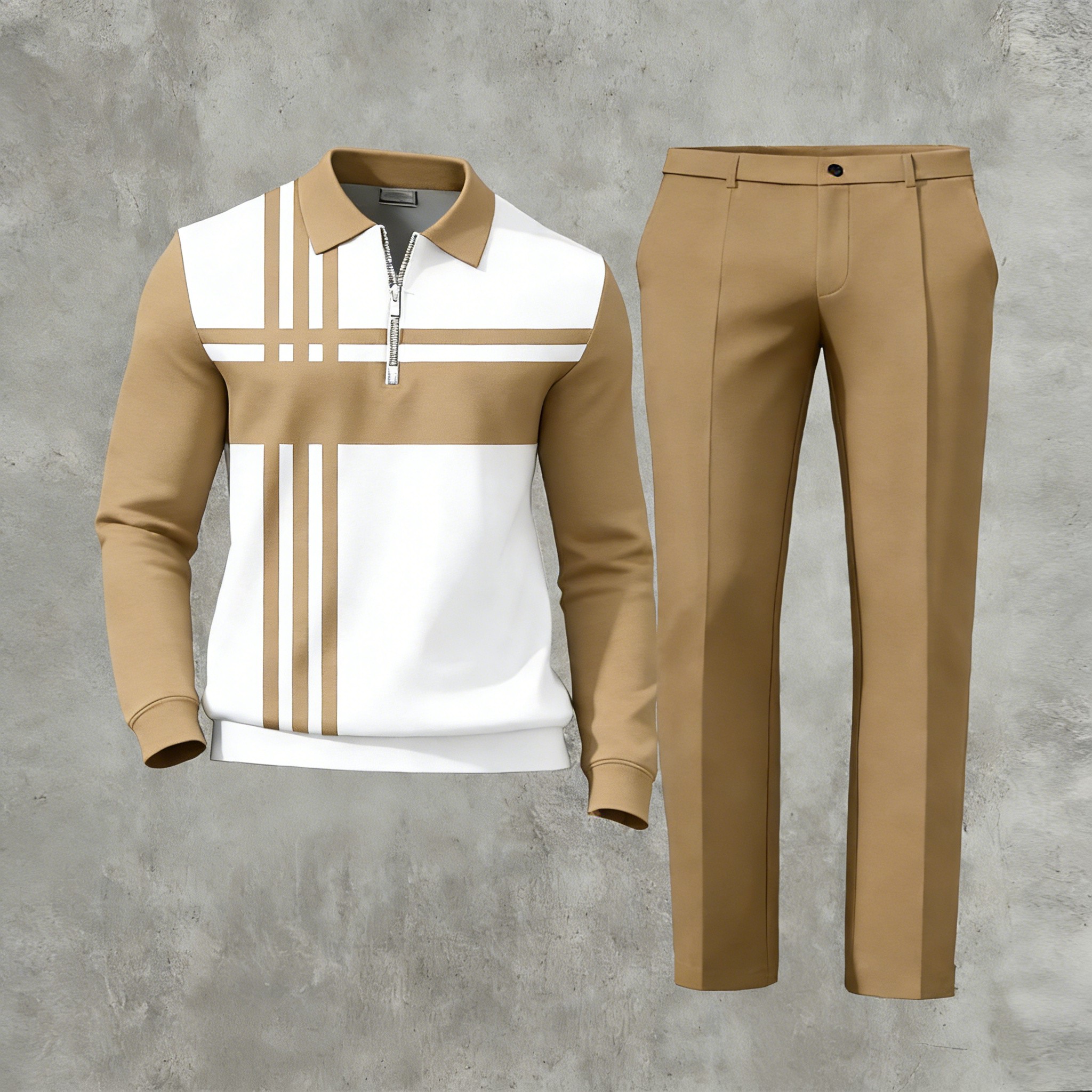 Men's Casual Multi Color Matching Geometric Printed Zipper Long Sleeved Polo Shirt & Trousers Two-Piece Set