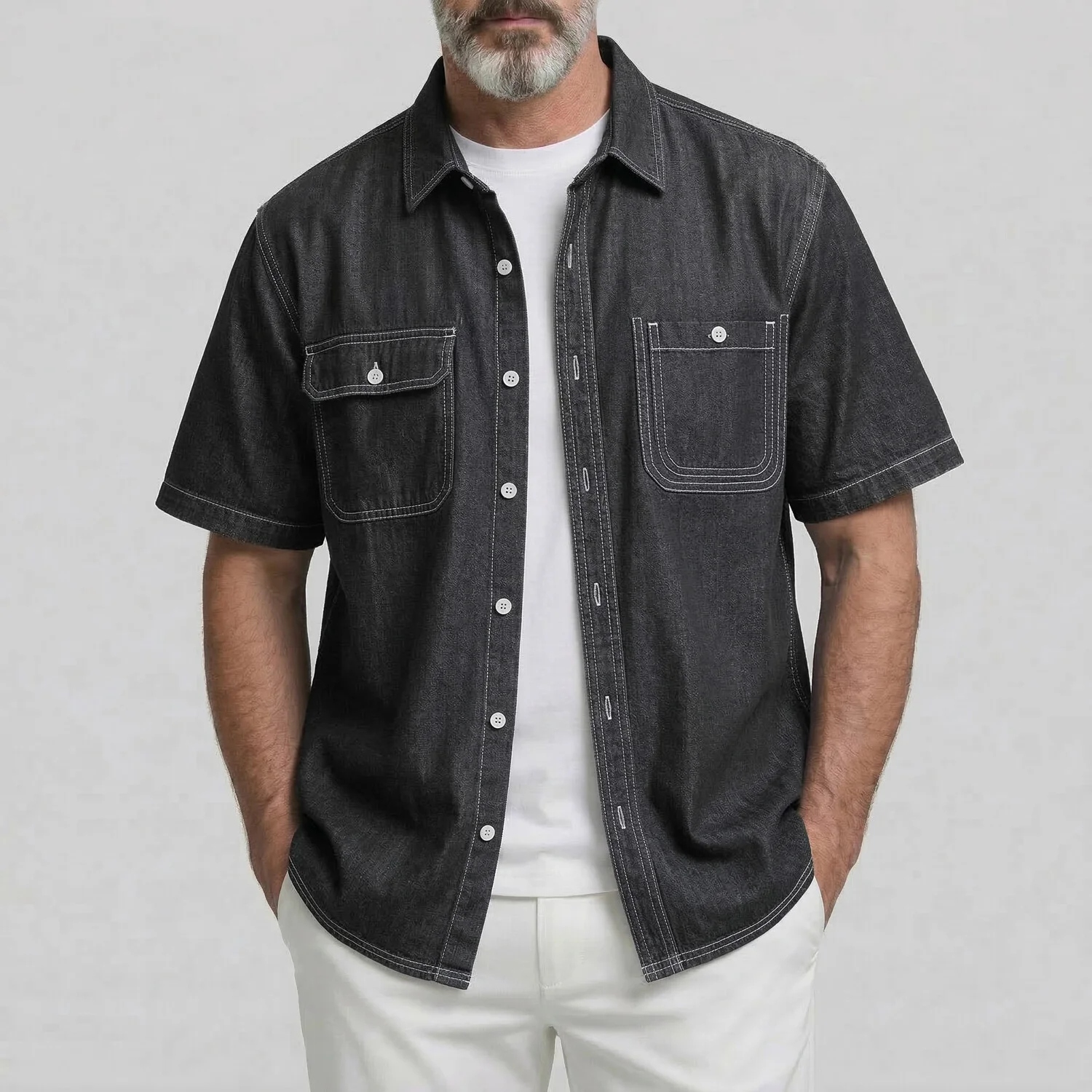 Men's Solid Flap Pocket Button Up Short Sleeve Denim Shirt
