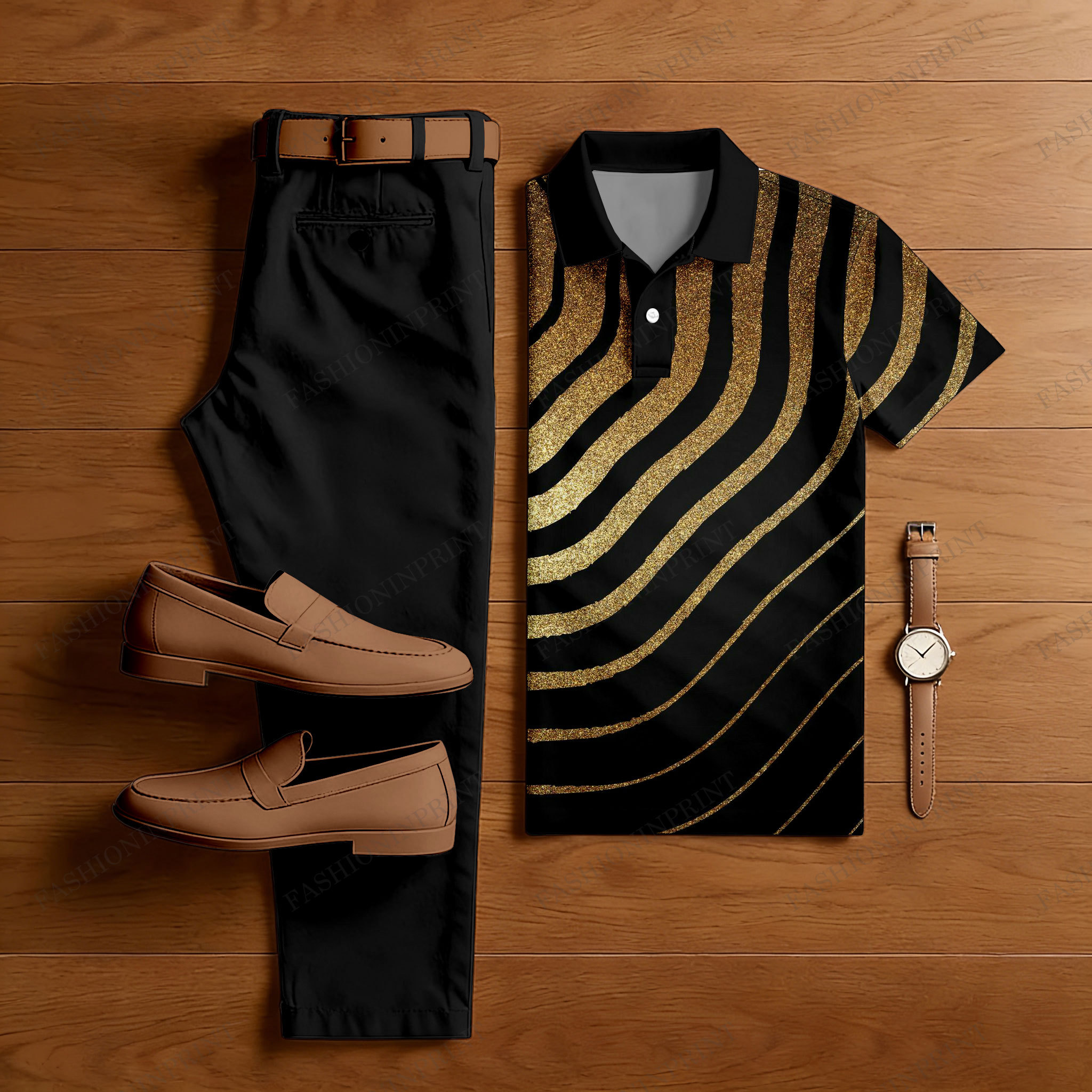 Men's Casual Black & Gold Color Matching Zibra Printed Short Sleeved P ...