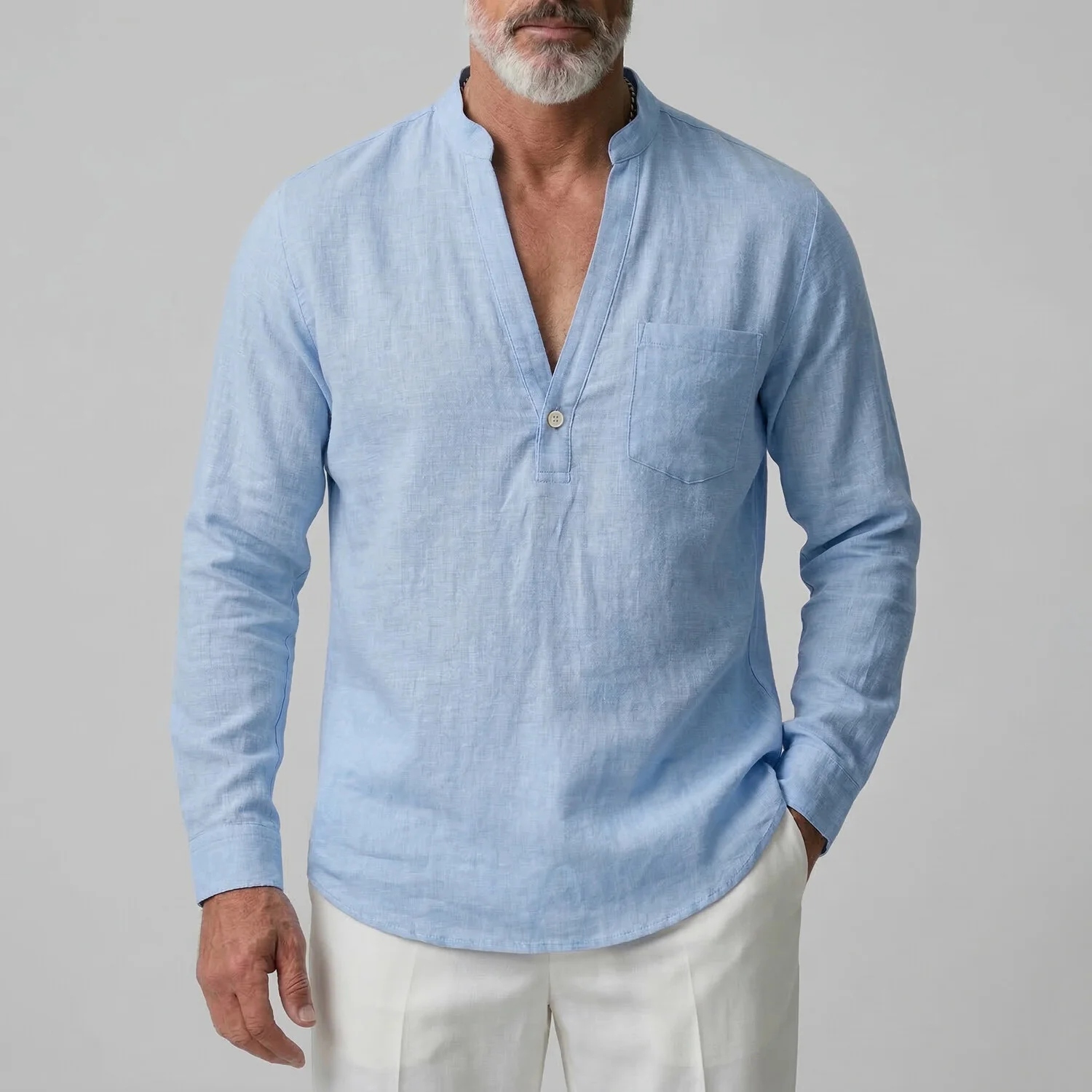 Men's Casual Solid V Neck Button Chest Pocket Light Blue Long Sleeve Shirt
