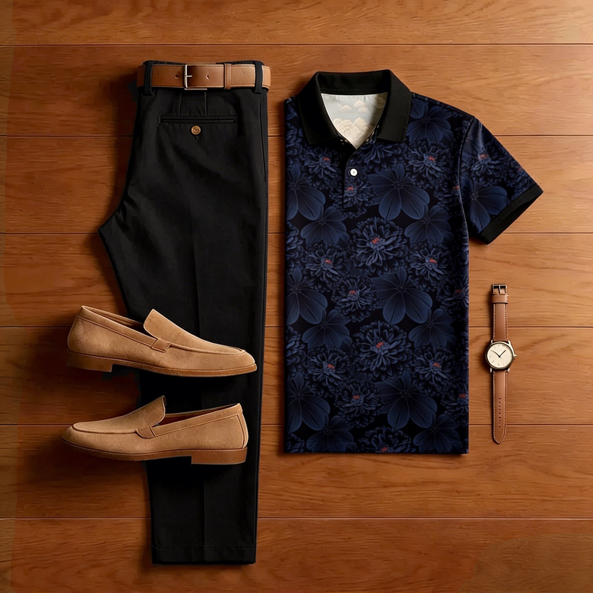 Men's Casual Midnight Floral Print Polo Shirt and Trousers Two-Piece Set