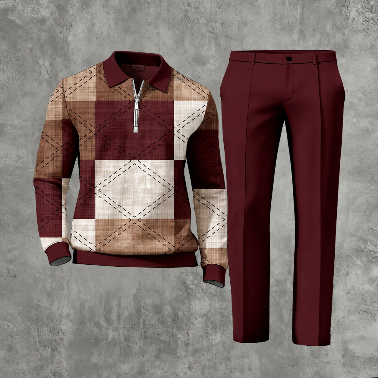 Men's Casual Color Matching Printed Polo-Collar Zipper Long Sleeved Trousers Two-Piece Set 1103