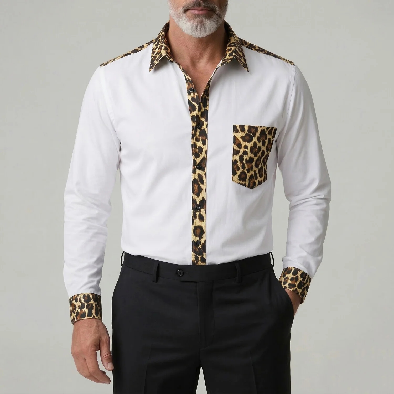 Men's Casual Leopard Print Contrast Trim Chest Pocket Long Sleeve White Shirt