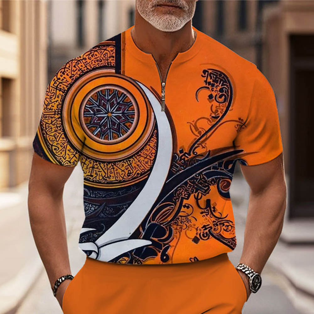 Men's Fashion Casual Round-Neck Geometric Printed Short-Sleeved Two-Piece Set