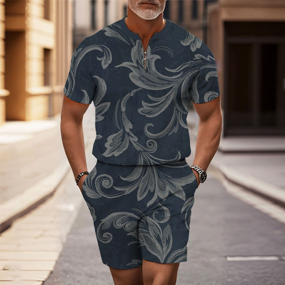 Men's Fashion Casual Round-Neck Geometric Printed Short-Sleeved Two-Piece Set