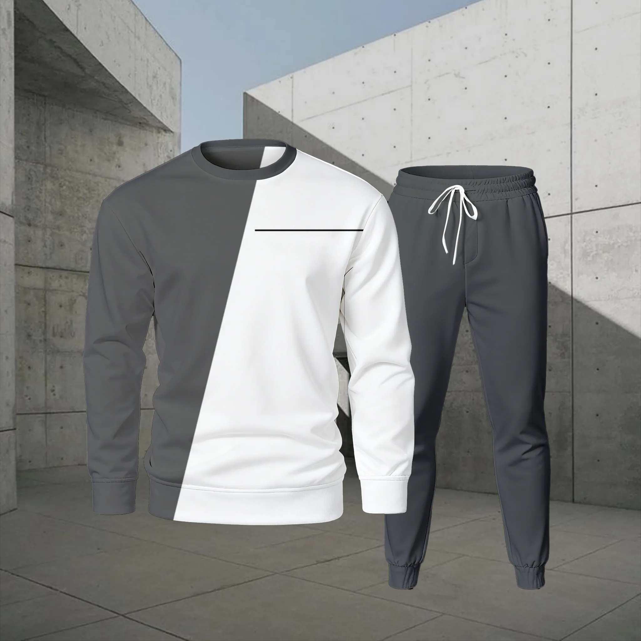 Men's Casual Color Matching Printed Round-Neck Long Sleeved Sweatshirts Trousers Two-Piece Set