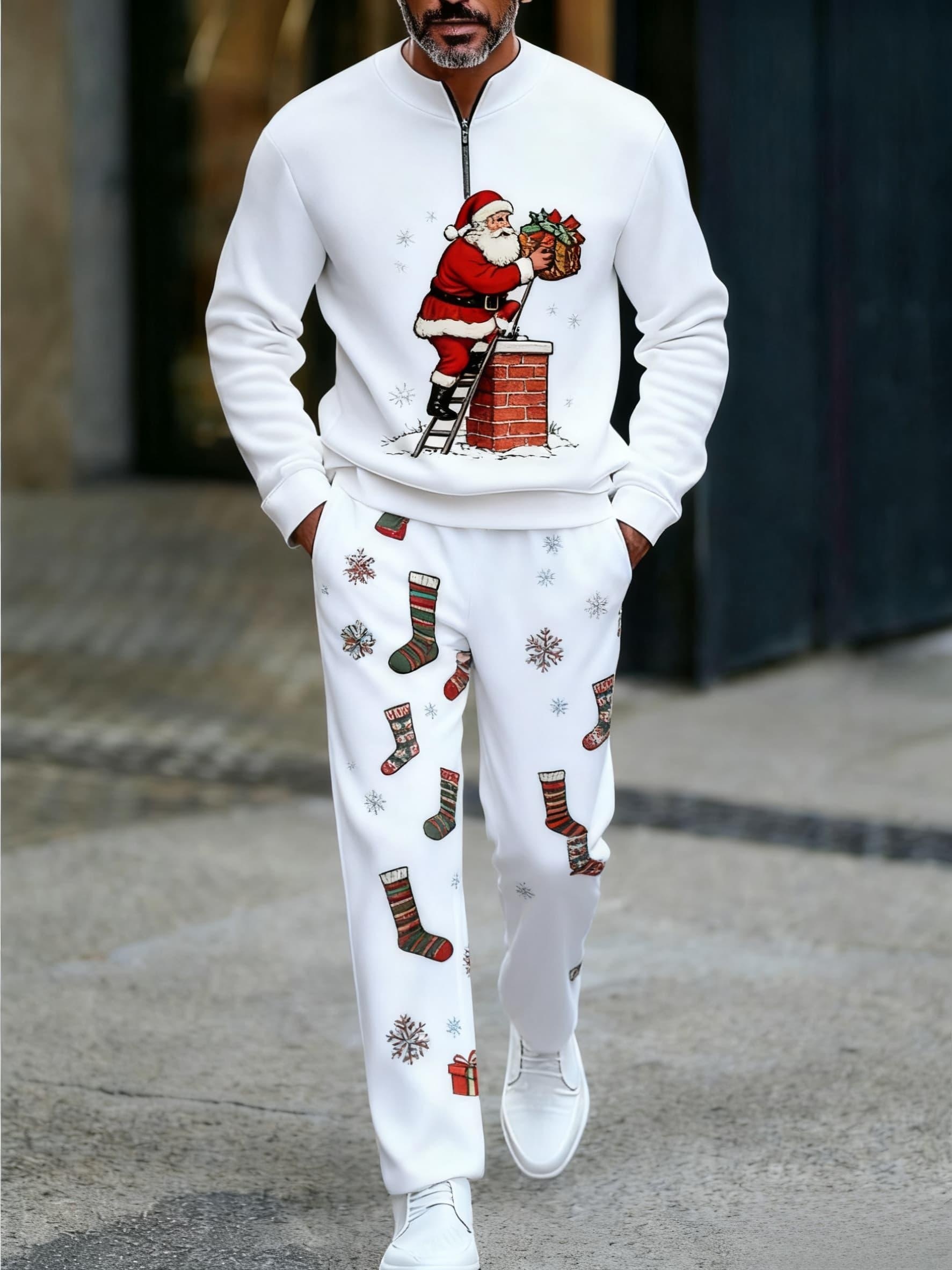 Men's Christmas Printed Round-Neck Zipper Long Sleeved Trousers Two-Piece Set