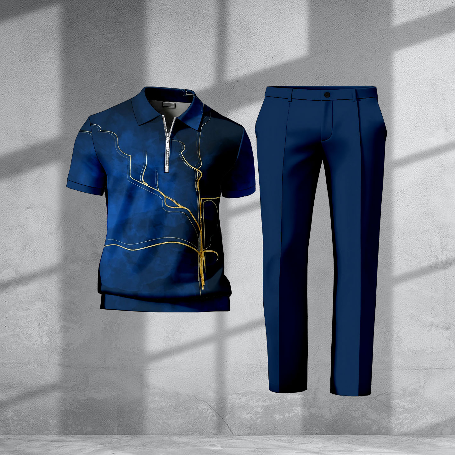 Men's Casual Navy Blue Color Matching Printed Short Sleeved Zipper Polo Shirt & Trousers Two-Piece Set