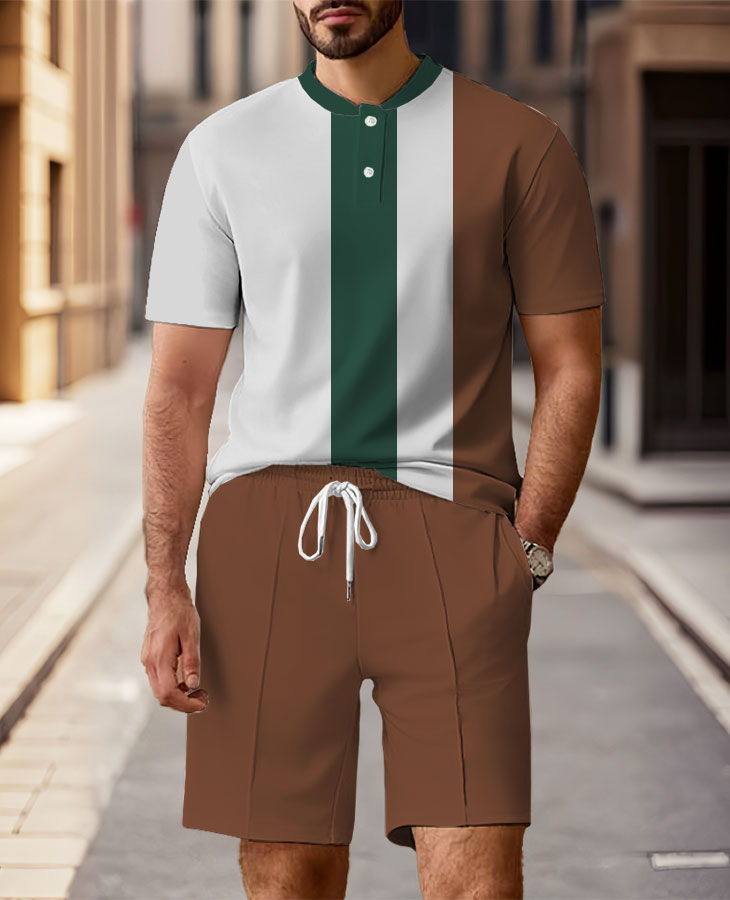 Men's Fashion Casual Round-Neck Geometric Printed Short-Sleeved Two-Piece Set